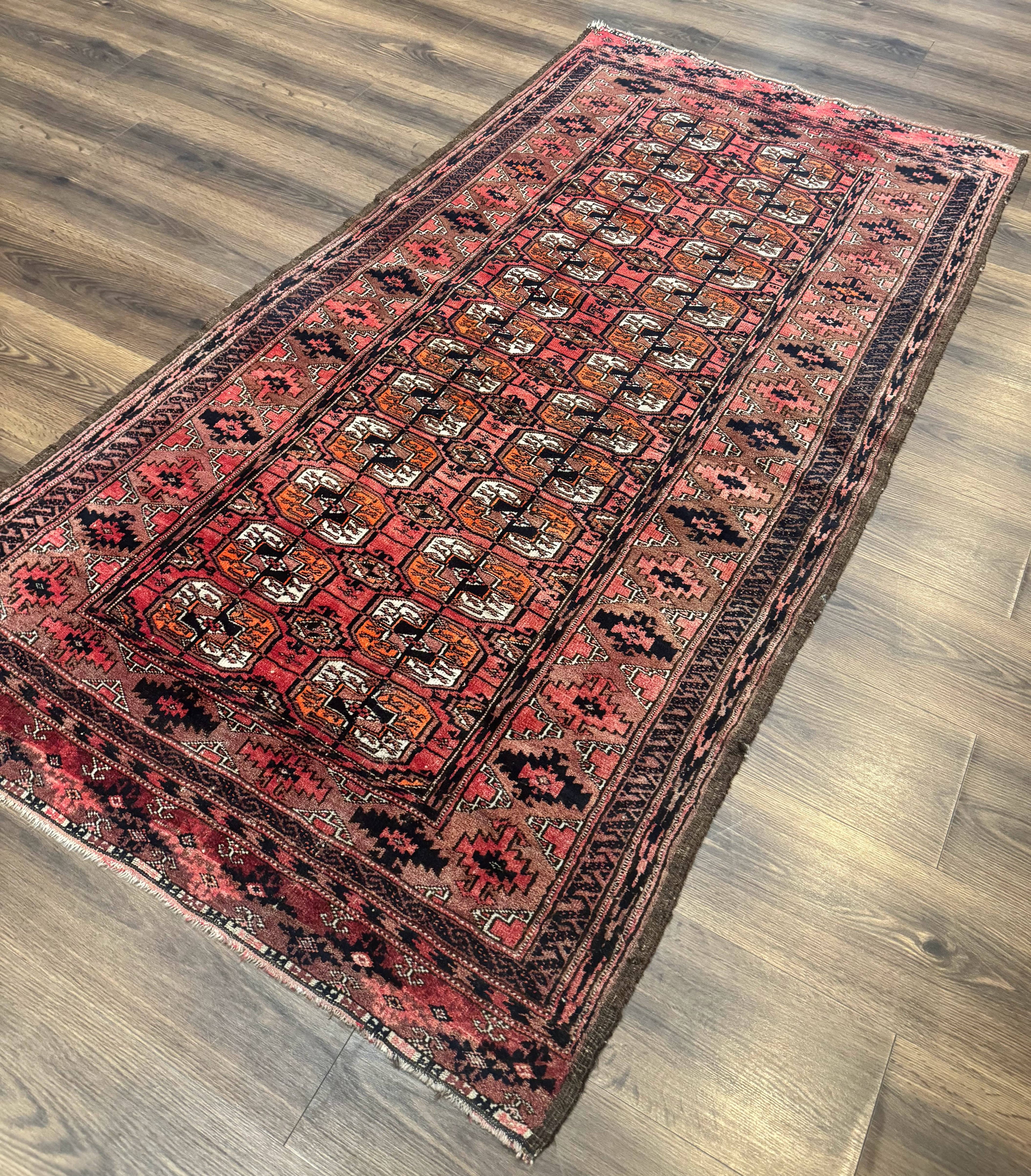 Antique Turkoman Rug 3.7 x 6.7, Red, Wool Runner Rug