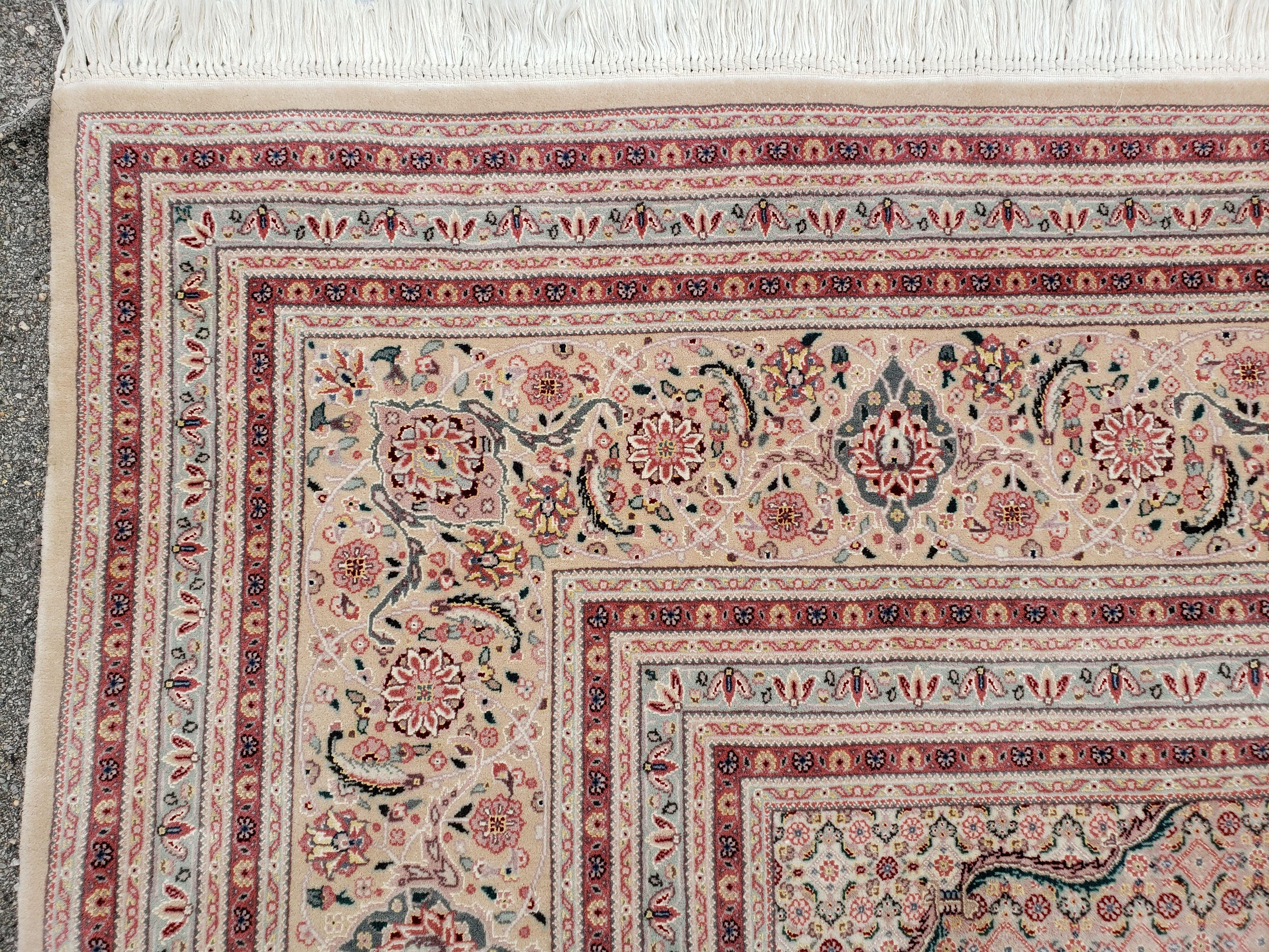 Stunning Oversized Pak Persian Oriental Rug 12x15, Hand Knotted Wool & Silk Palace Sized Carpet, Mahi Pattern, Very Fine, Peach Beige, Wow