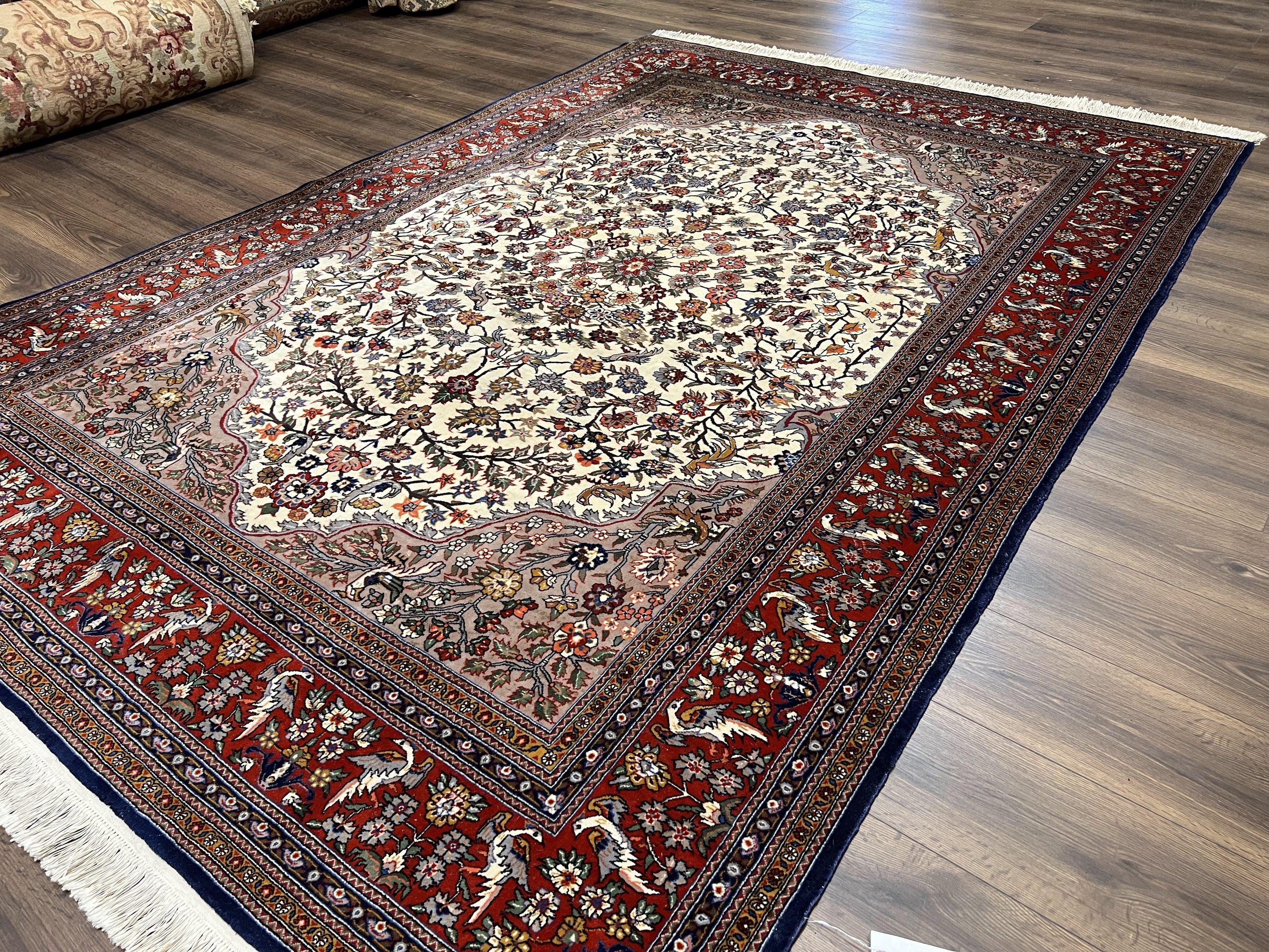 Beautiful Sino Persian Rug 7x10, Circle of Life Tree of Life Rug, Birds, Cream Red Navy Blue Taupe, Wool Silk Accents, Hand Knotted Vintage