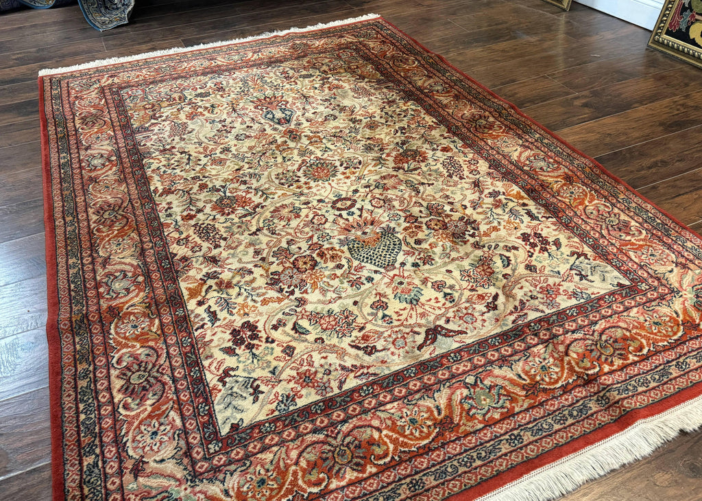Antique Persian Rug 5x7, Allover Floral with Vases, Beige and Red, Belgian Power Loomed Rug, Vintage