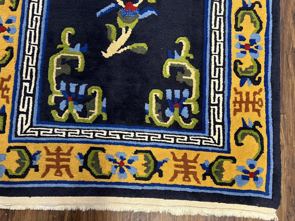 Chinese Art Deco Rug 3 x 5.9, Handmade Chinese Peking Carpet, Dark Blue and Gold, Medallion, Asian Oriental 3x6 Hand Knotted Vintage Rug
