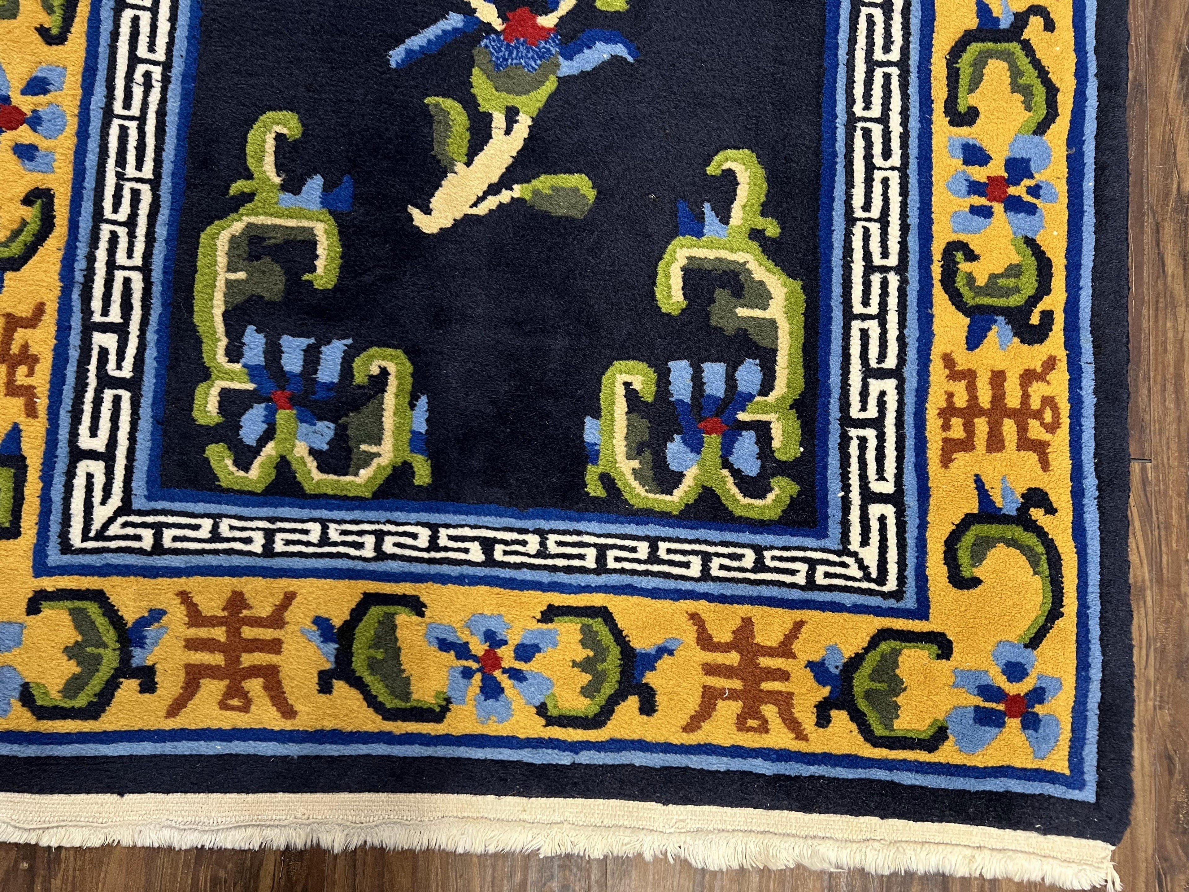 Chinese Art Deco Rug 3 x 5.9, Handmade Chinese Peking Carpet, Dark Blue and Gold, Medallion, Asian Oriental 3x6 Hand Knotted Vintage Rug