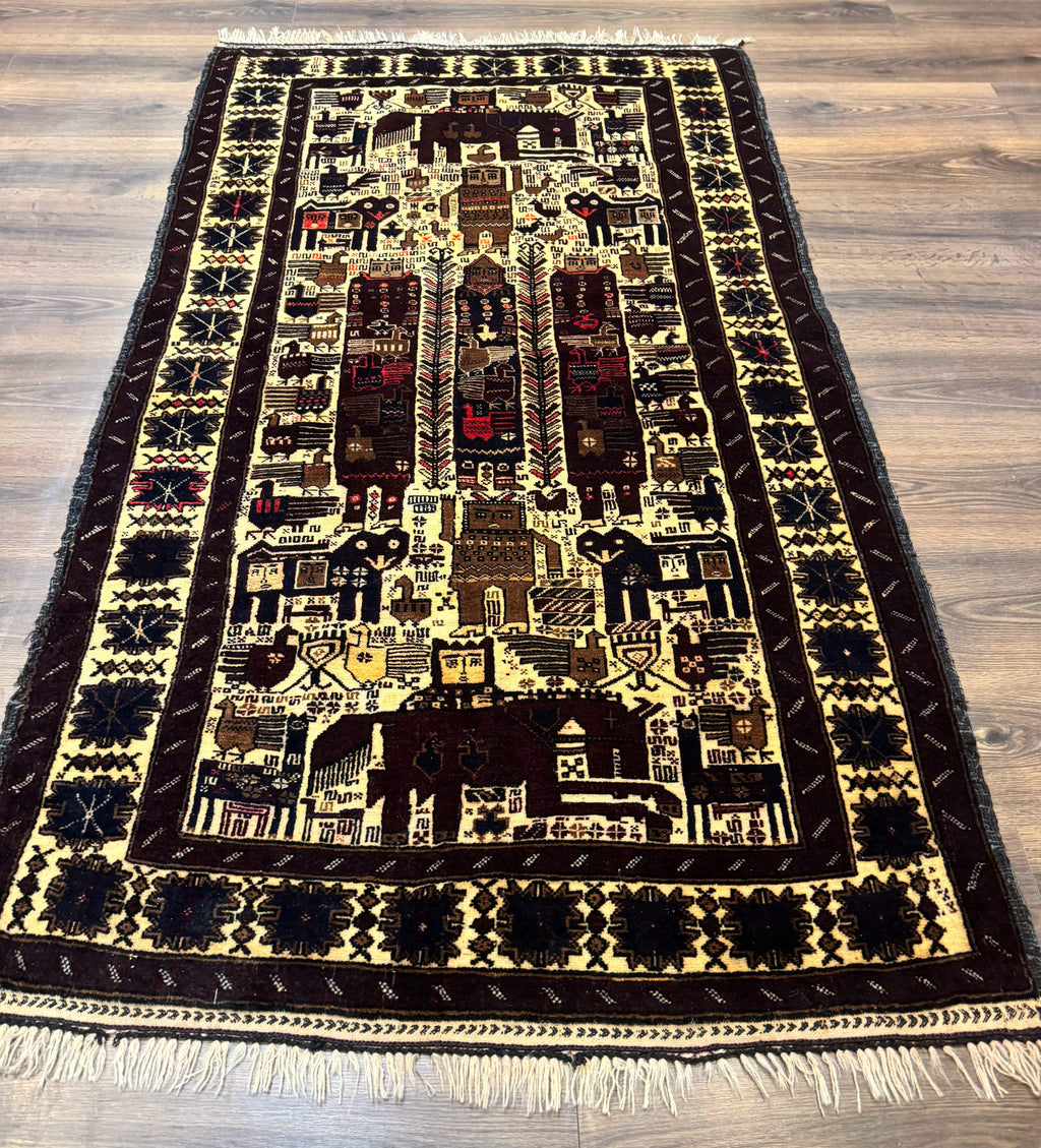 Persian Baluch Tribal Rug 4x6, Human and Bird Pictorials, Vintage, Wool, Collectible