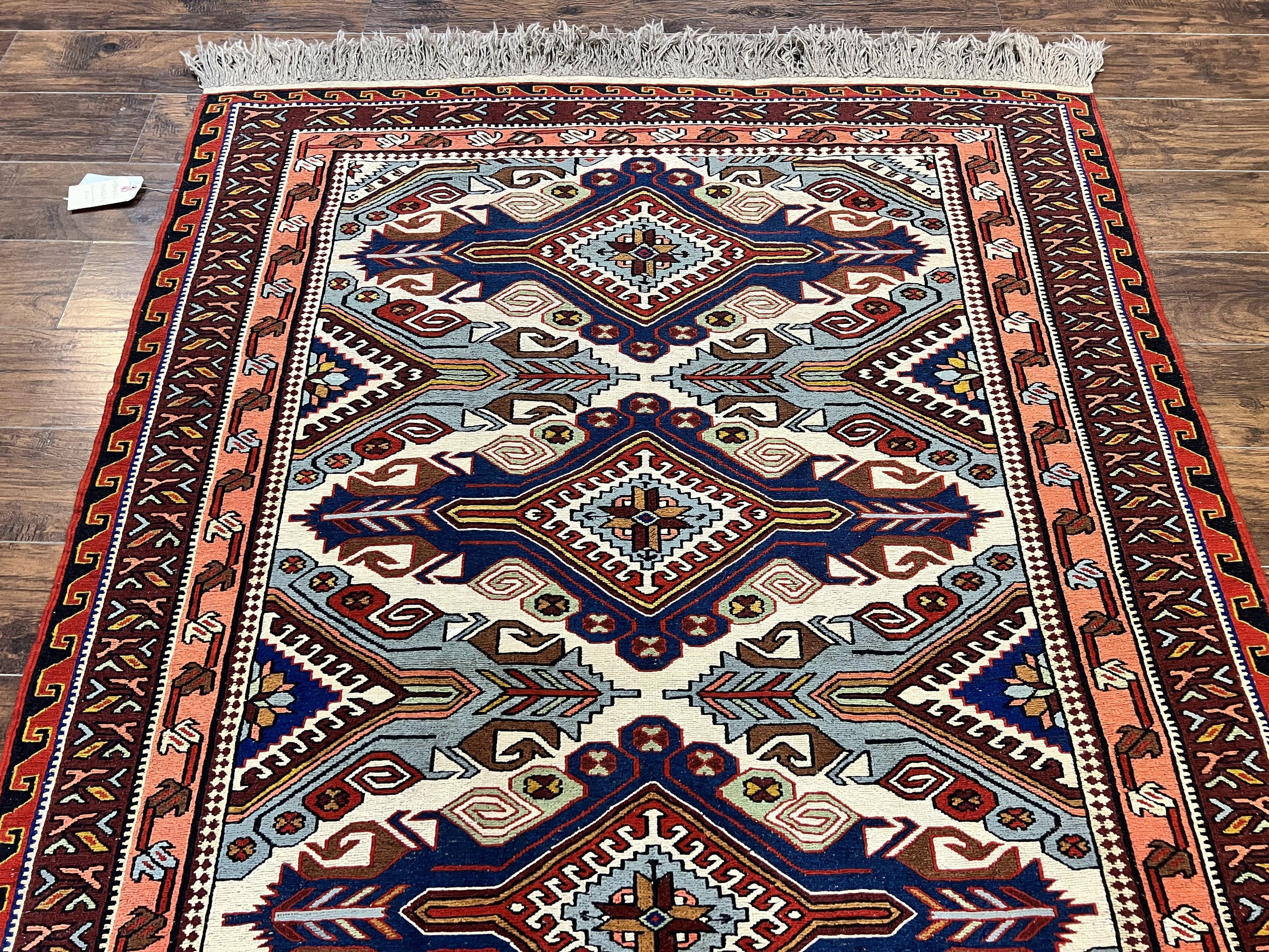 Russian Soumak Rug 6x8, Wool Handmade Antique Kilim Carpet, Multicolor 6 x 8 Geometric Medallions Caucasian Rug, Medium Size