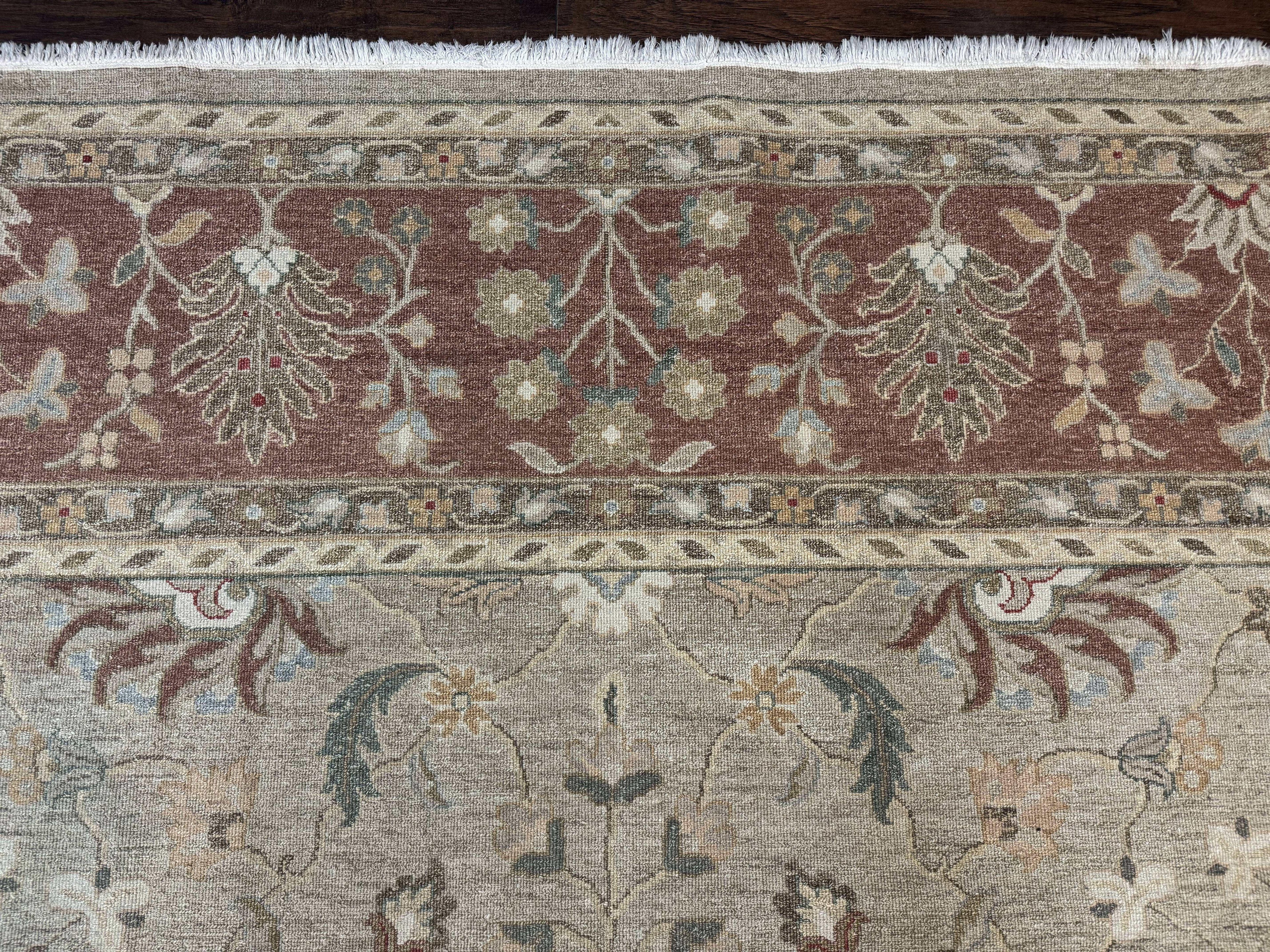 Large Turkish Soumak Rug 10x14, Flatweave Dhurrie, Handmade, Light Green and Salmon