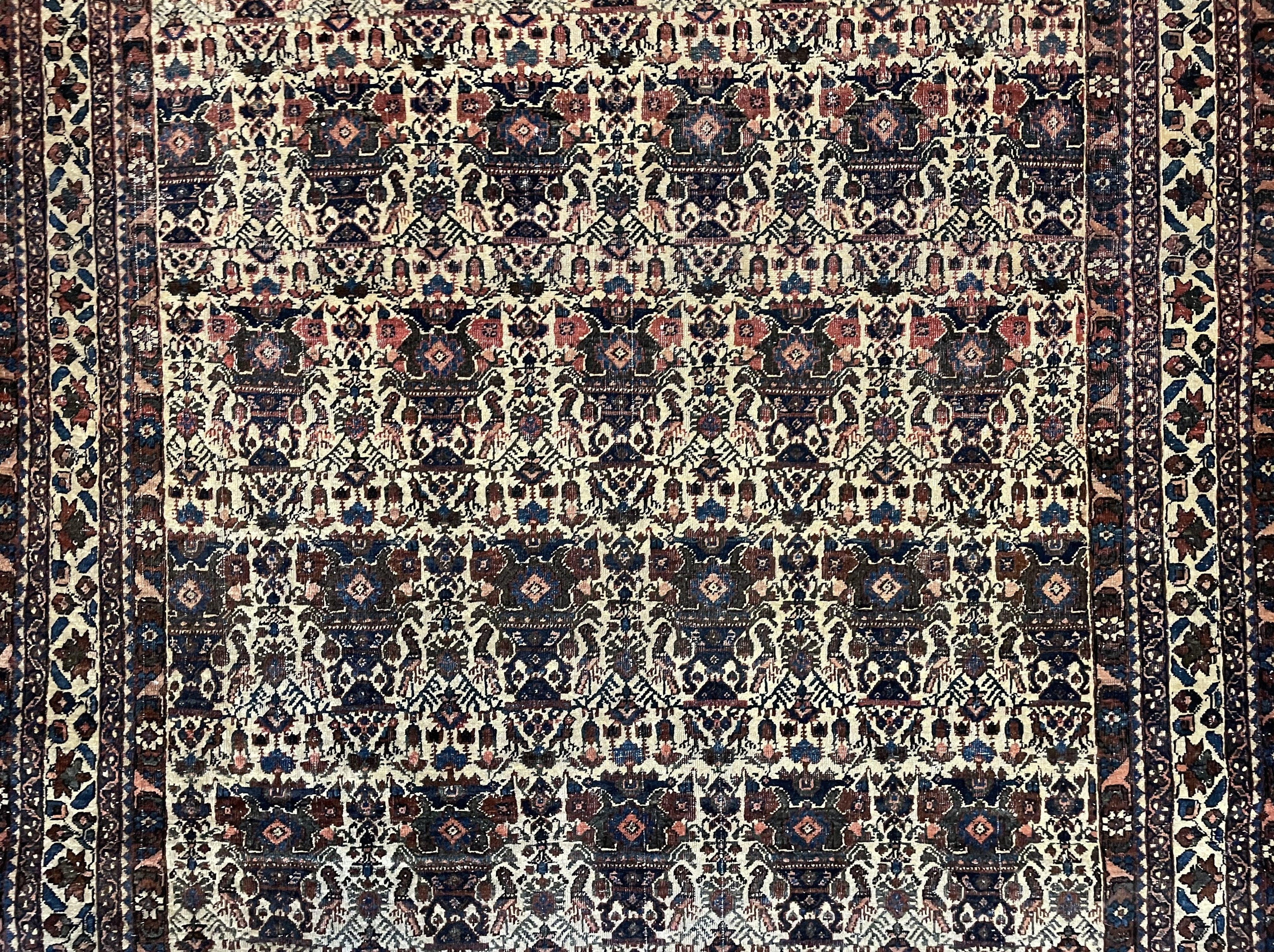 Antique Persian Afshar Rug 5x7, Wool Hand Knotted Oriental Carpet 5 x 7 ft, Repeated Motif Allover, Cream and Maroon, Tribal Rug, Medium Sized Rug,  Zil-i-Sultan Design