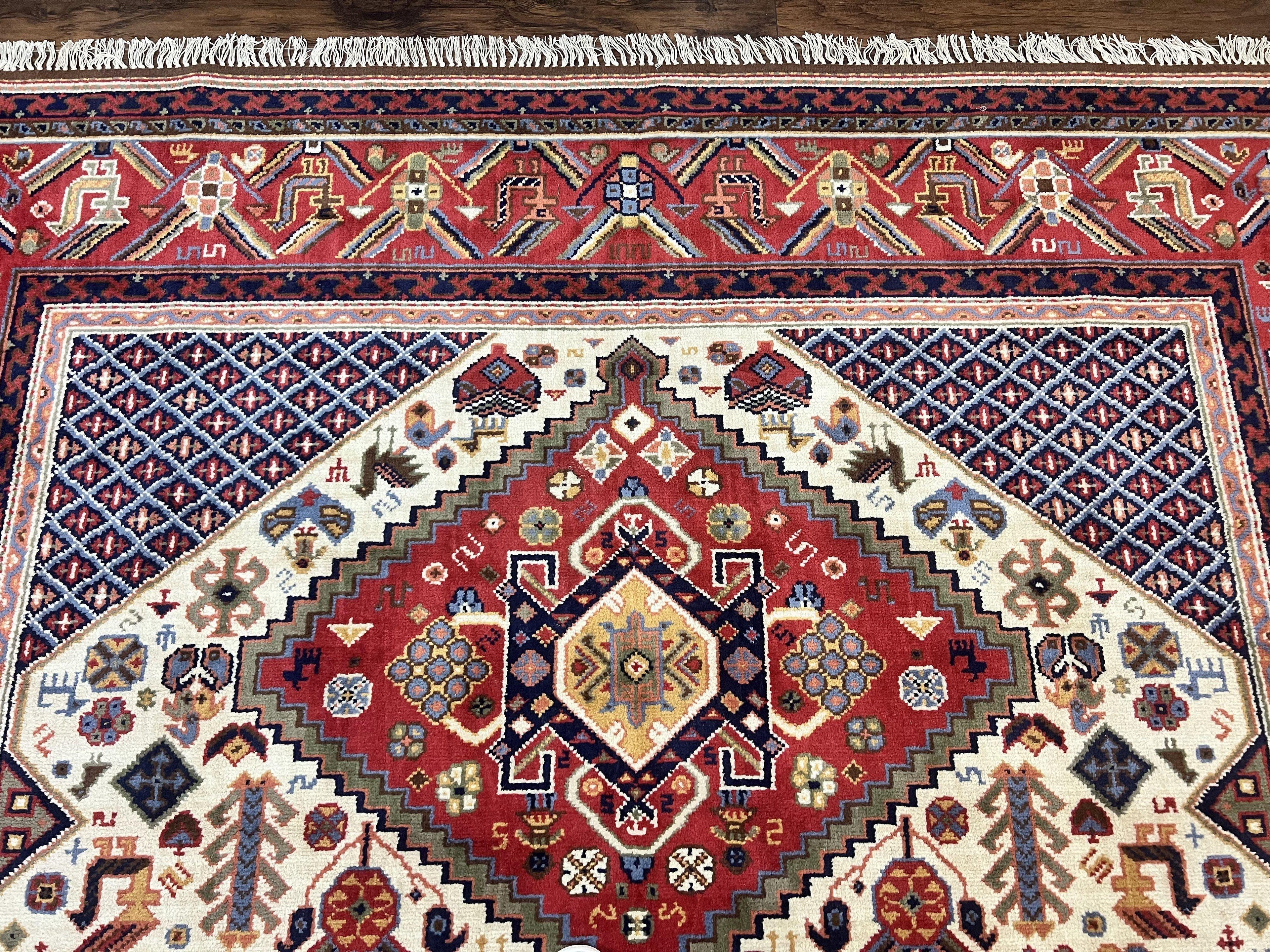 Belgium Power Loomed Rug 8x12, Geometric Medallions Persian Tribal Pattern, Vintage Wool Carpet, Ivory Red Blue
