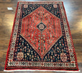Persian Tribal Rug 3.6 x 5 ft, Persian Abadeh Rug, Geometric Medallion Bird Motifs, Red and Navy Blue Hand Knotted Handmade Wool Vintage Oriental Carpet