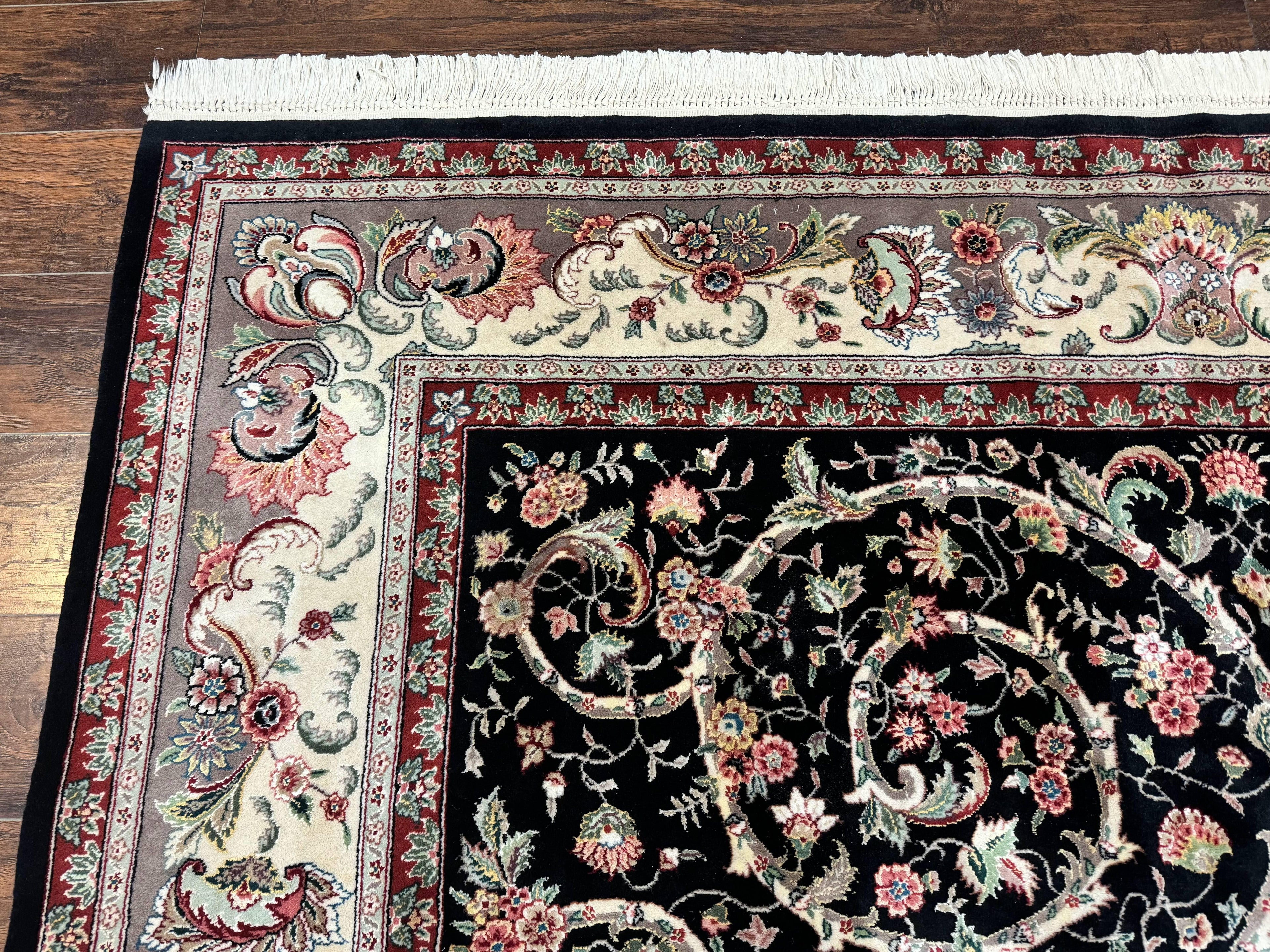 Black Pak Persian Rug 8x11, Floral Pattern, Hand Knotted Vintage Wool Rug with Silk Highlights, Fine 200 KPSI