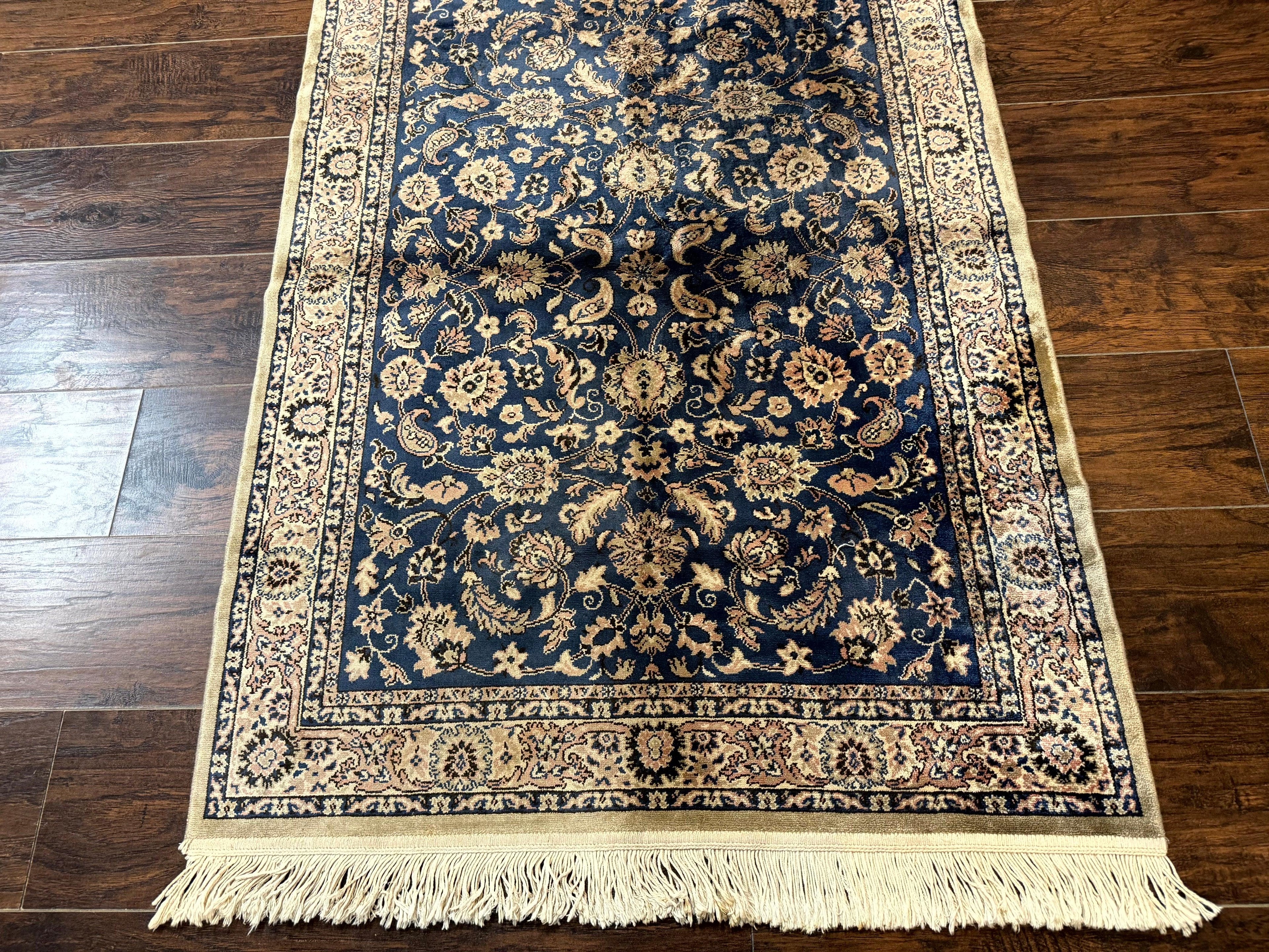 Vintage Art Silk Rug 3x4, Traditional Oriental Persian Design Rug, Belgium Power Loomed Rug, Navy Blue