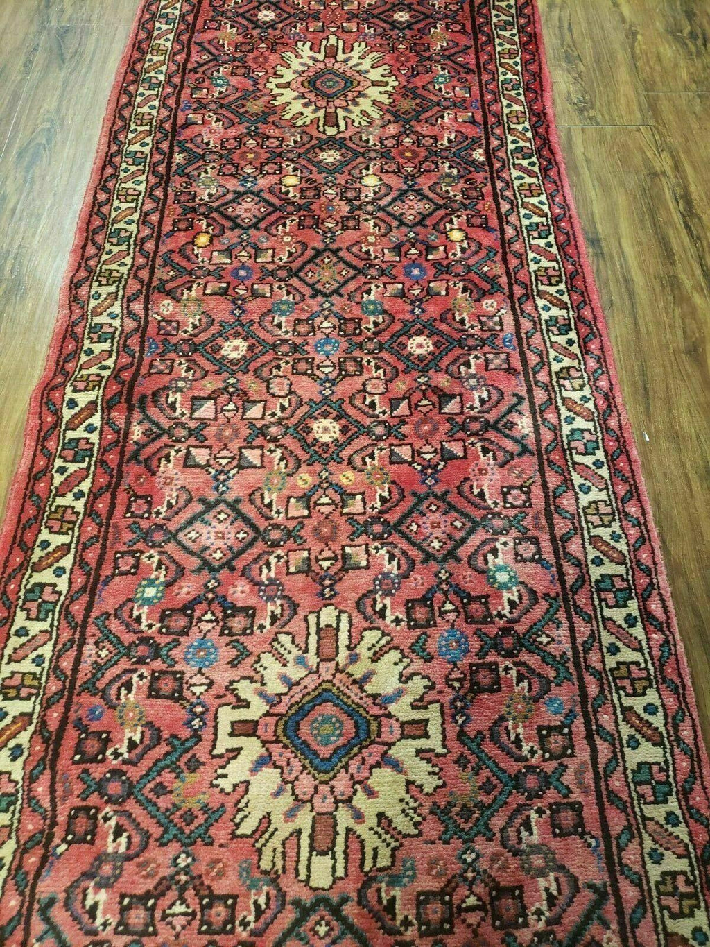 Persian Hamadan Runner Rug 2.8 x 14, Red, Vintage Handmade Wool Runner Rug