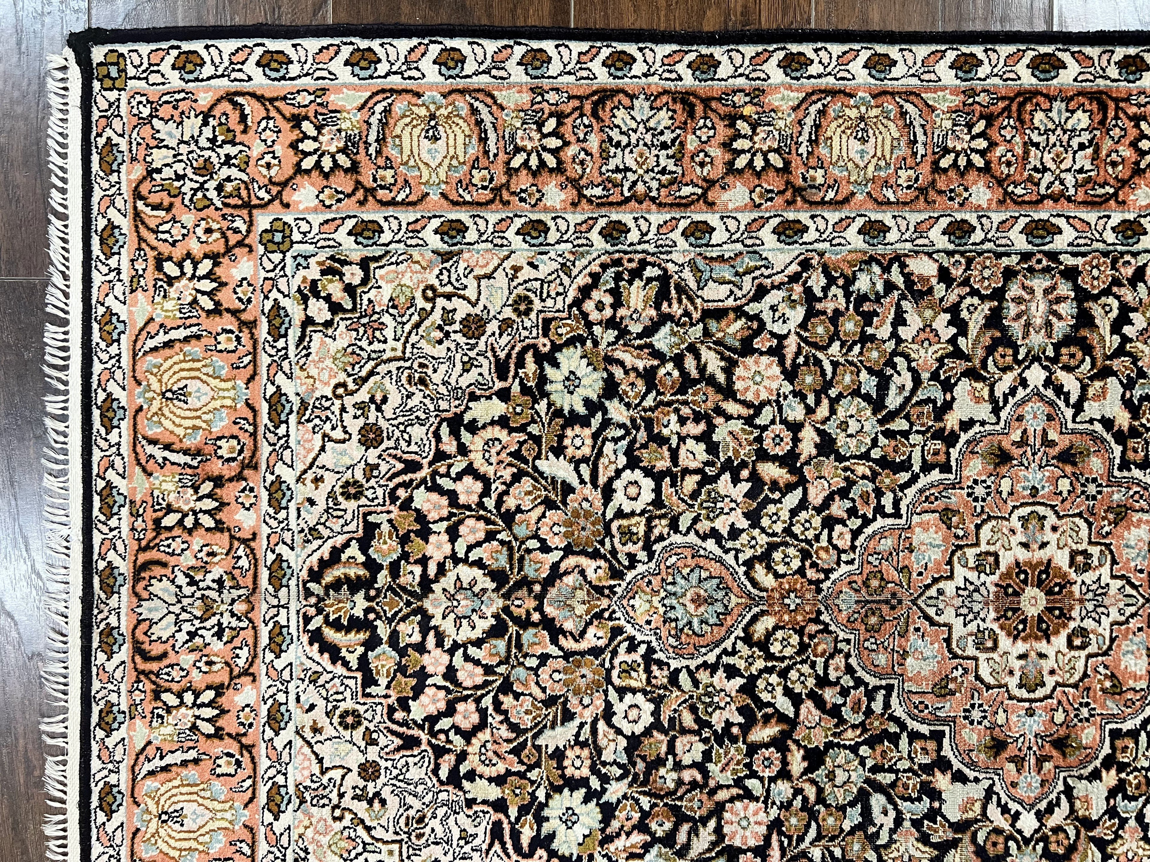 Silk Indian Kashmiri Rug 3x5, Indo Persian Silk on Silk Carpet, Very Fine 350 KPSI, Navy Blue, Handmade, Floral Medallion