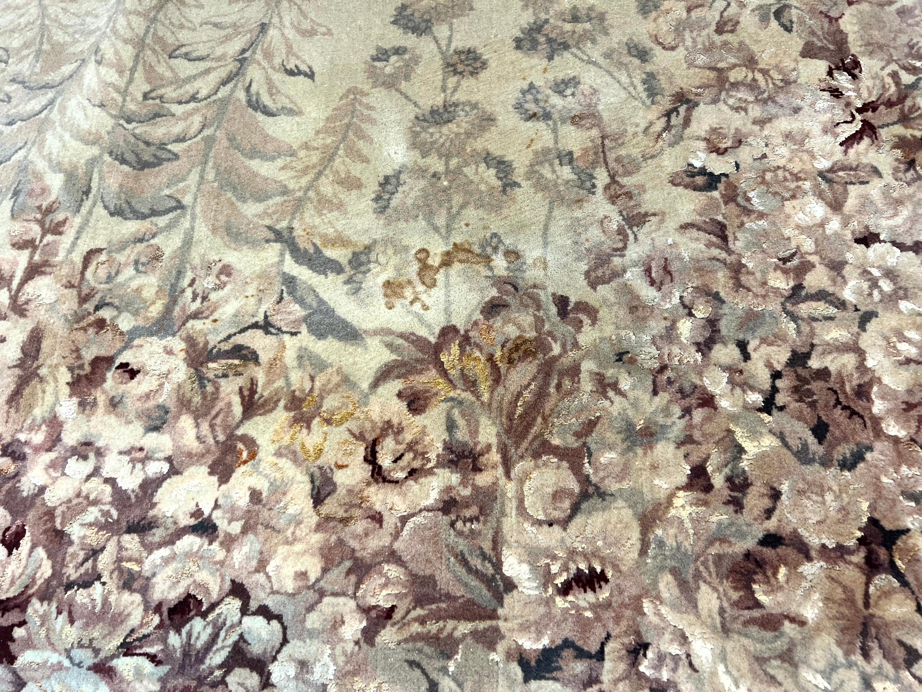 Aubusson Wool Rug 9x11, Wool with Silk Highlights, European Design, Vintage, Handmade, Floral, Fine 210 KPSI