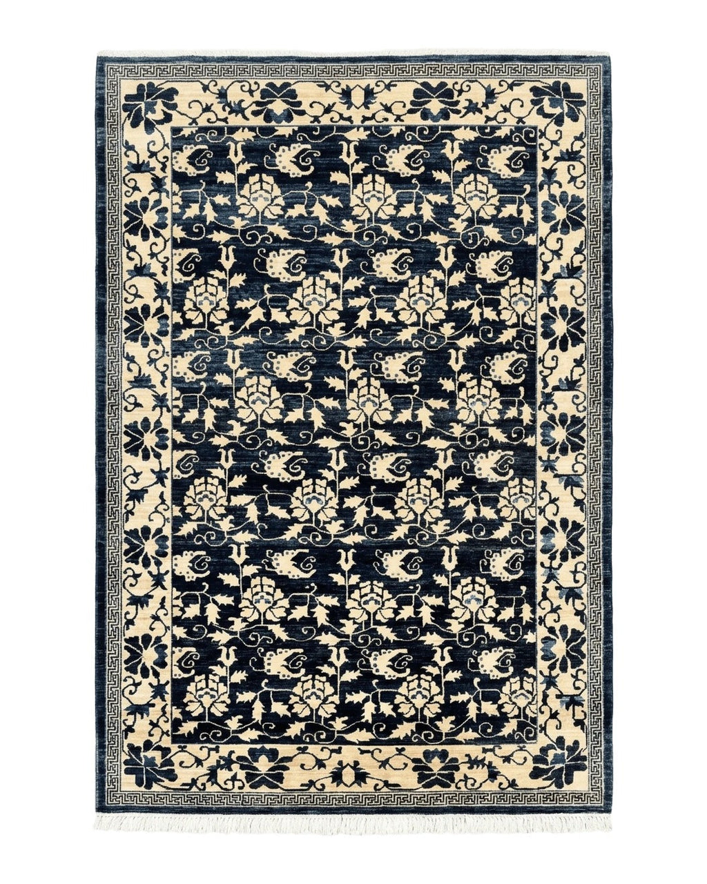 Sino Persian Rug 6x9, Hand Knotted Wool Carpet, Floral Allover, Blue Cream-Tan