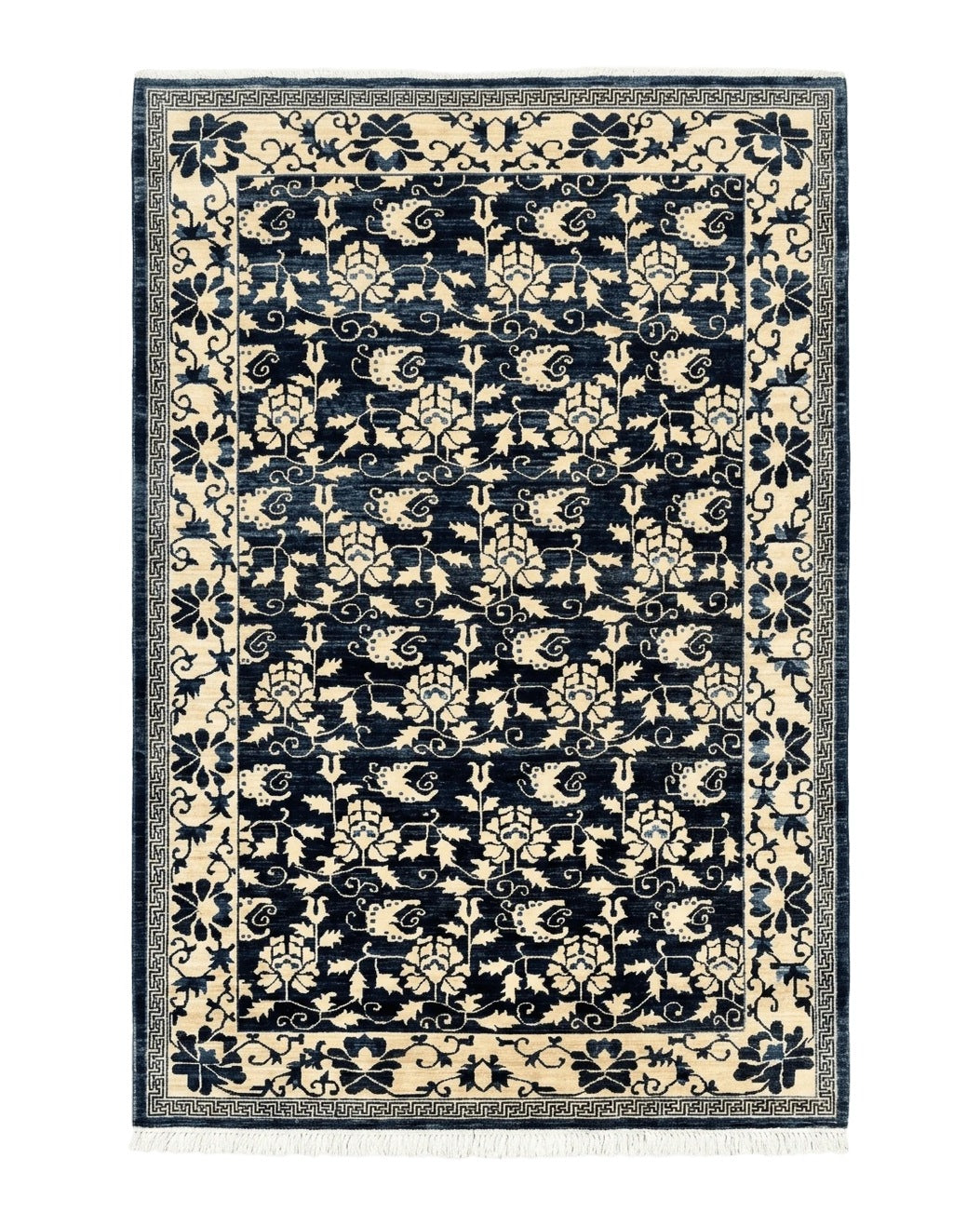Sino Persian Rug 6x9, Hand Knotted Wool Carpet, Floral Allover, Blue Cream-Tan