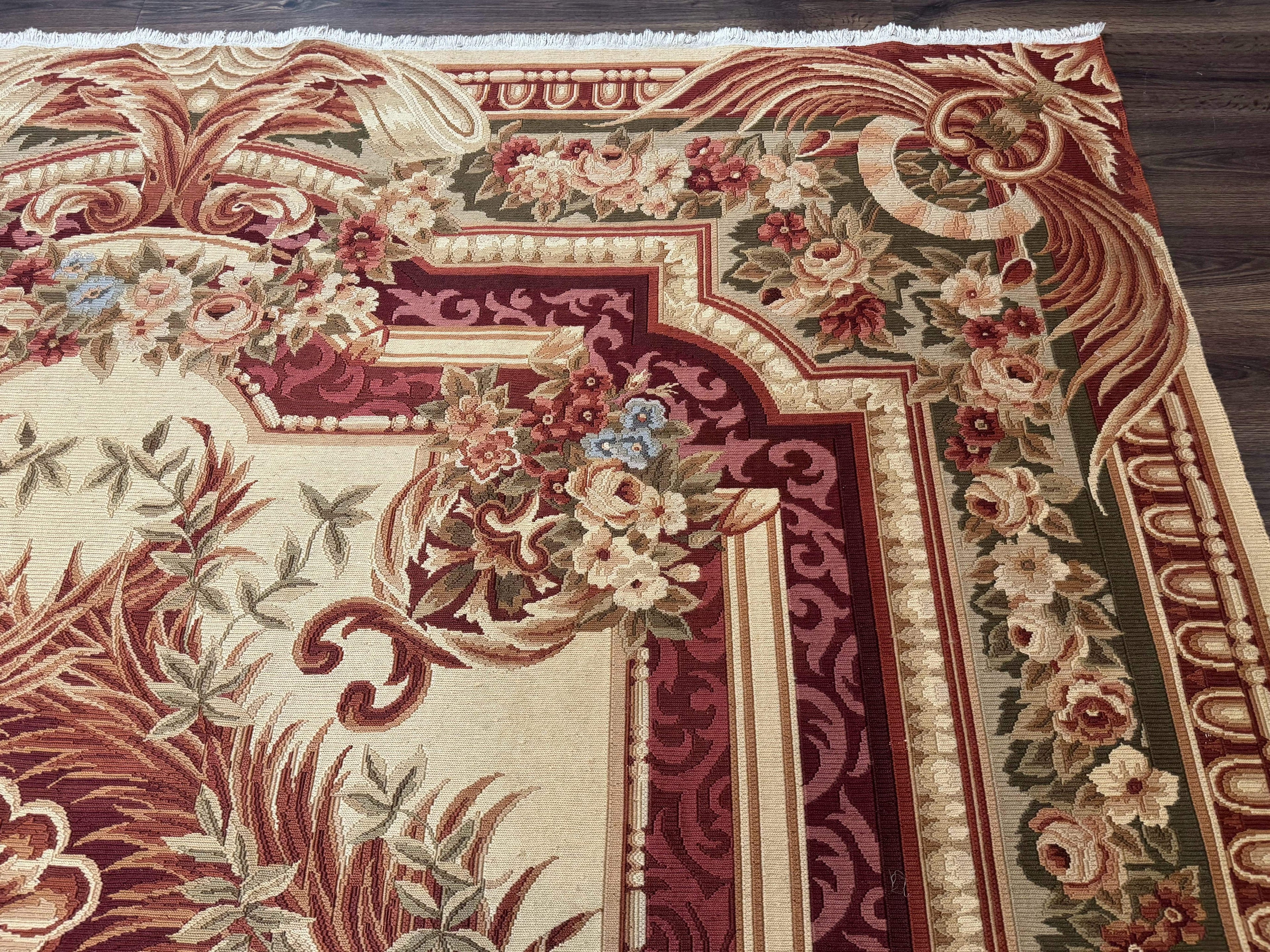 Large Aubusson Rug 10x13, Thick Flatweave Carpet, Elegant European Design, Cream and Raspberry
