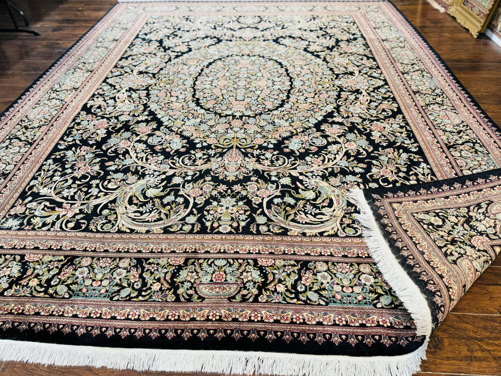 Pak Persian Rug 9x12, Highly Detailed Fine 260 KPSI, Floral, Handmade Traditional Carpet, Black