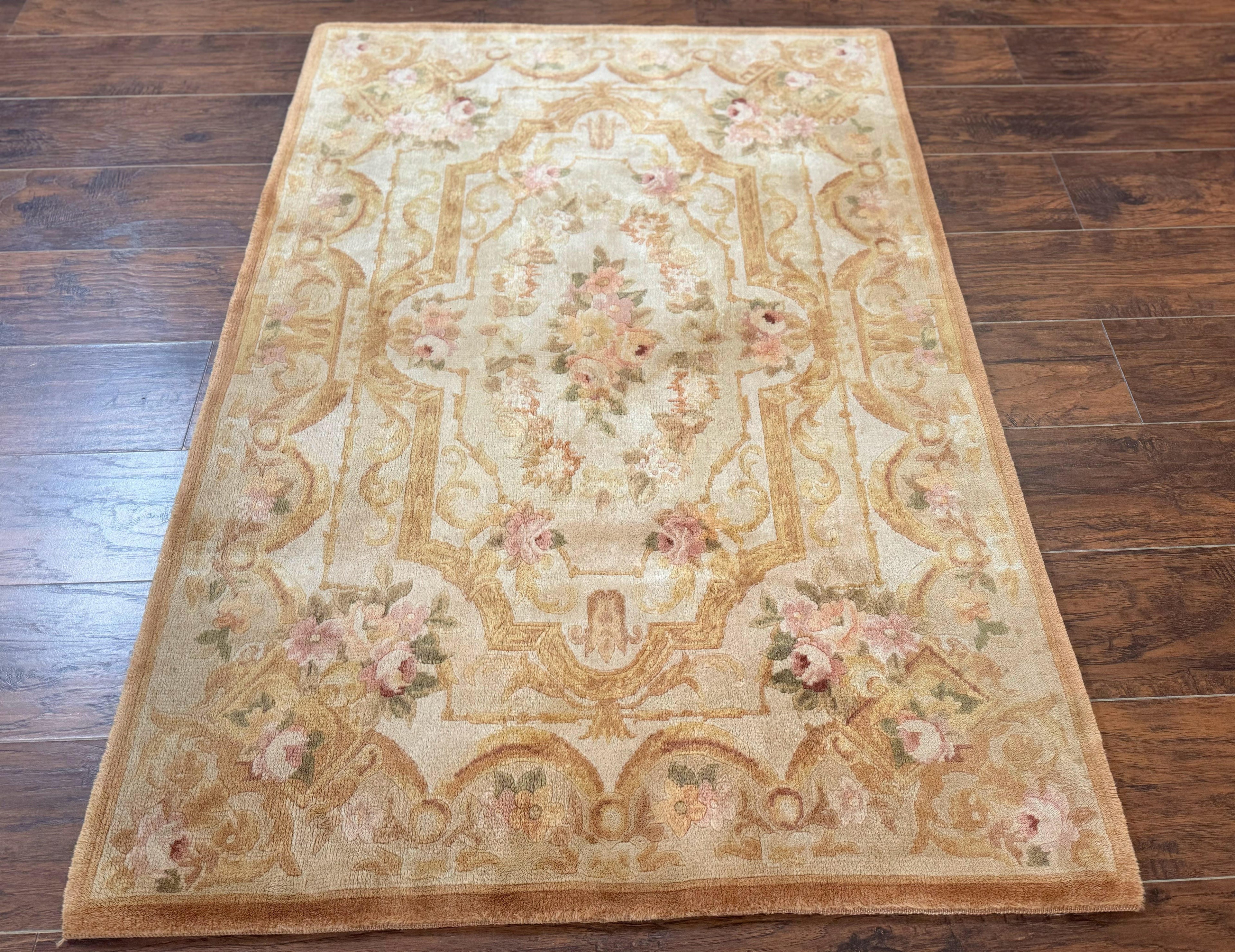 Chinese Aubusson Rug 3.6 x 5, Beige and Gold, Handmade Vintage Elegant European Design Carpet, Plush Wool, Handmade