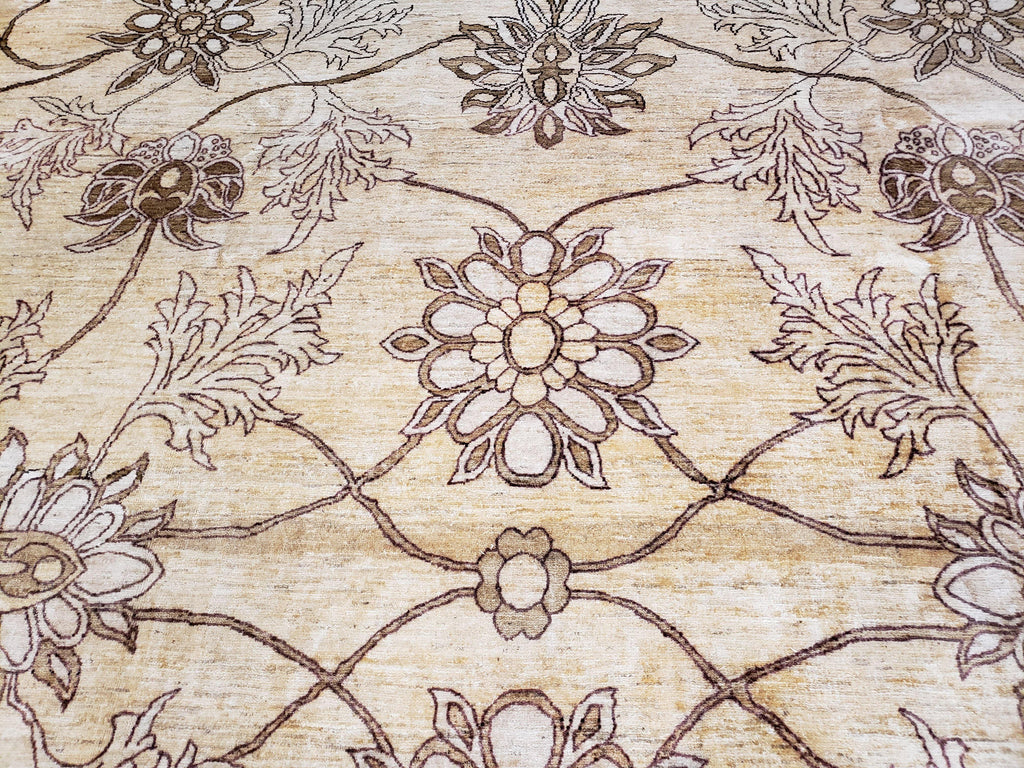 Oversized Peshawar Chobi Oushak Area Rug 11.6 x 12.5, Wool Hand-Knotted Light Gold & Ivory Decorative Pakistani Floral Carpet, 11x12 - 12x13