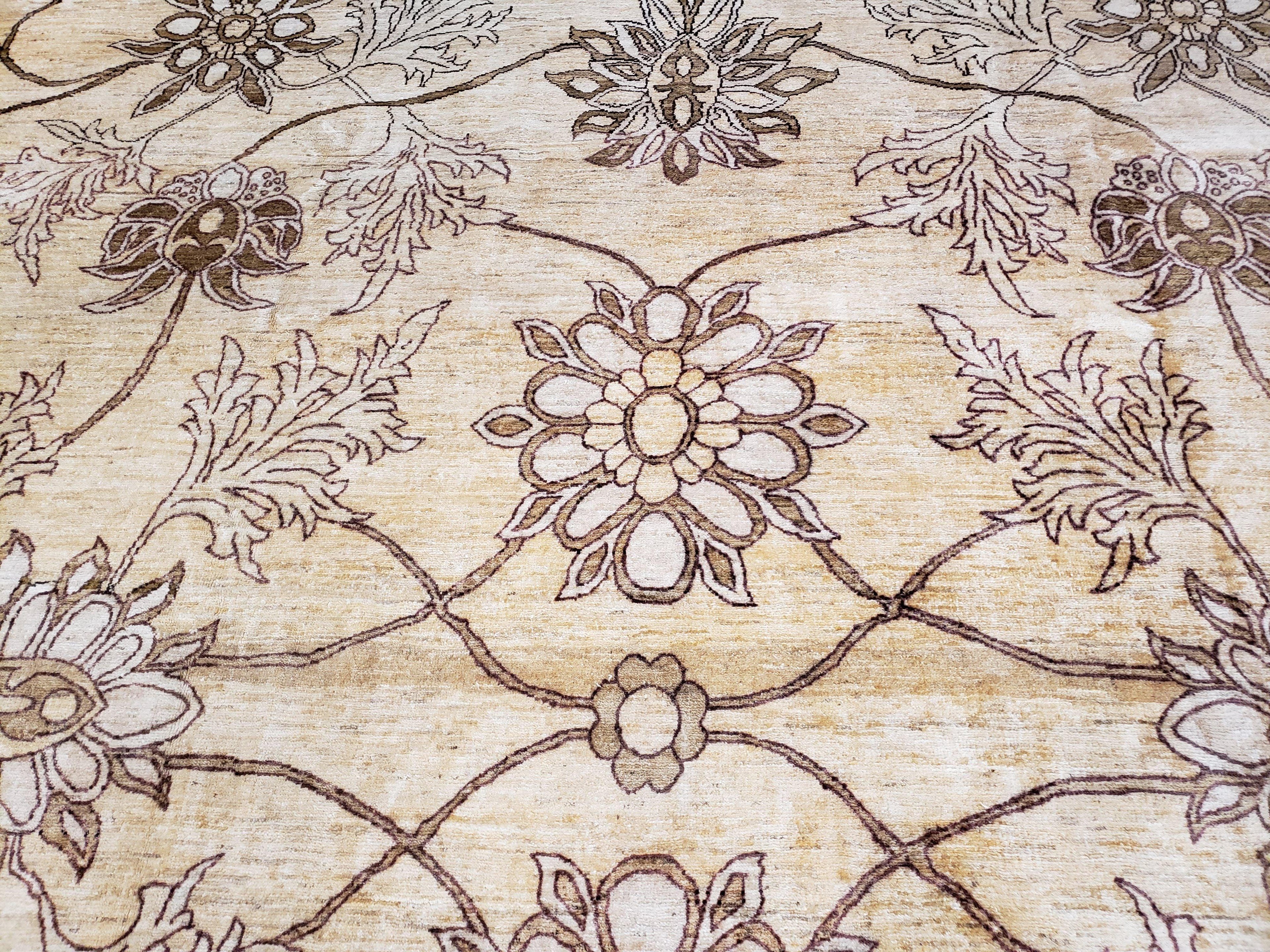 Oversized Peshawar Chobi Oushak Area Rug 11.6 x 12.5, Wool Hand-Knotted Light Gold & Ivory Decorative Pakistani Floral Carpet, 11x12 - 12x13