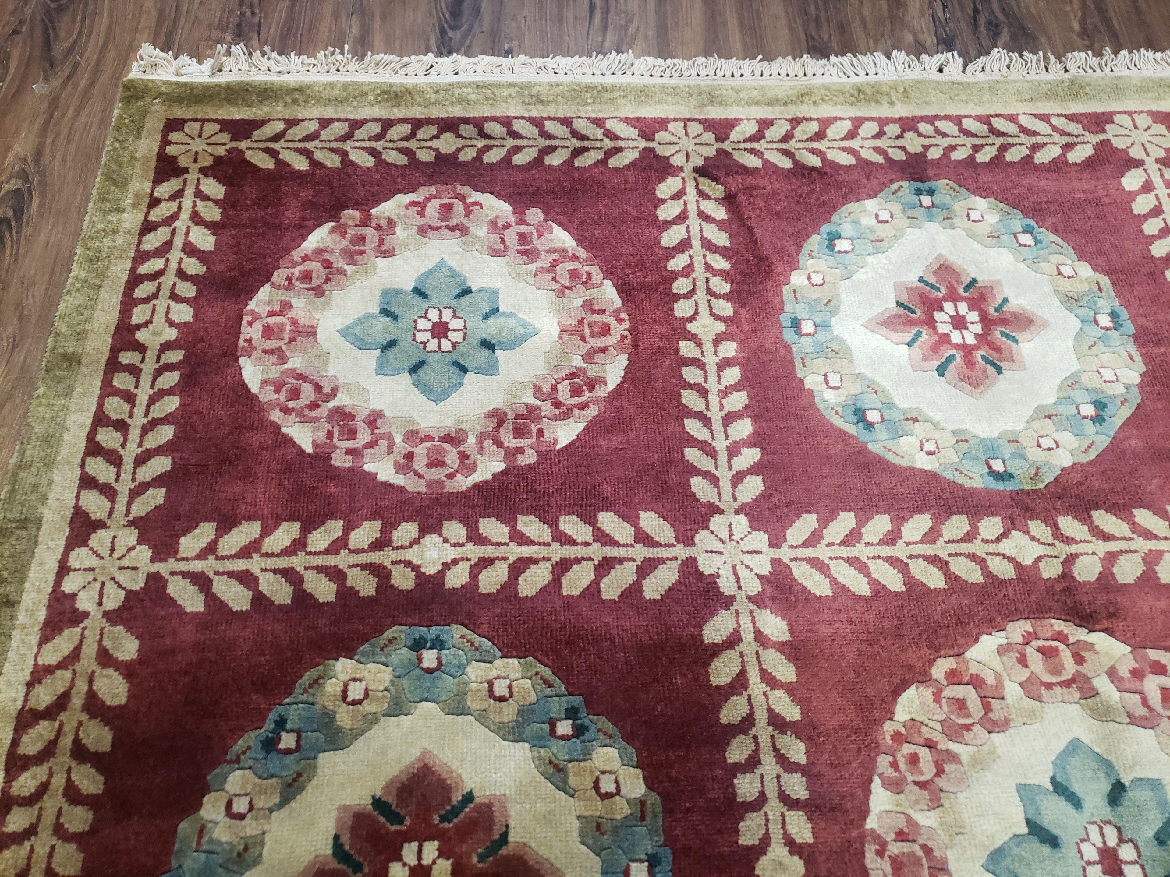 Nepalese Aubusson Panel Rug 6x9, Red & Ivory Soft Plush Tibetan Pile Rug, Wool Hand-Knotted Carpet, 6 x 9 Elegant Area Rug, Office Room Rug