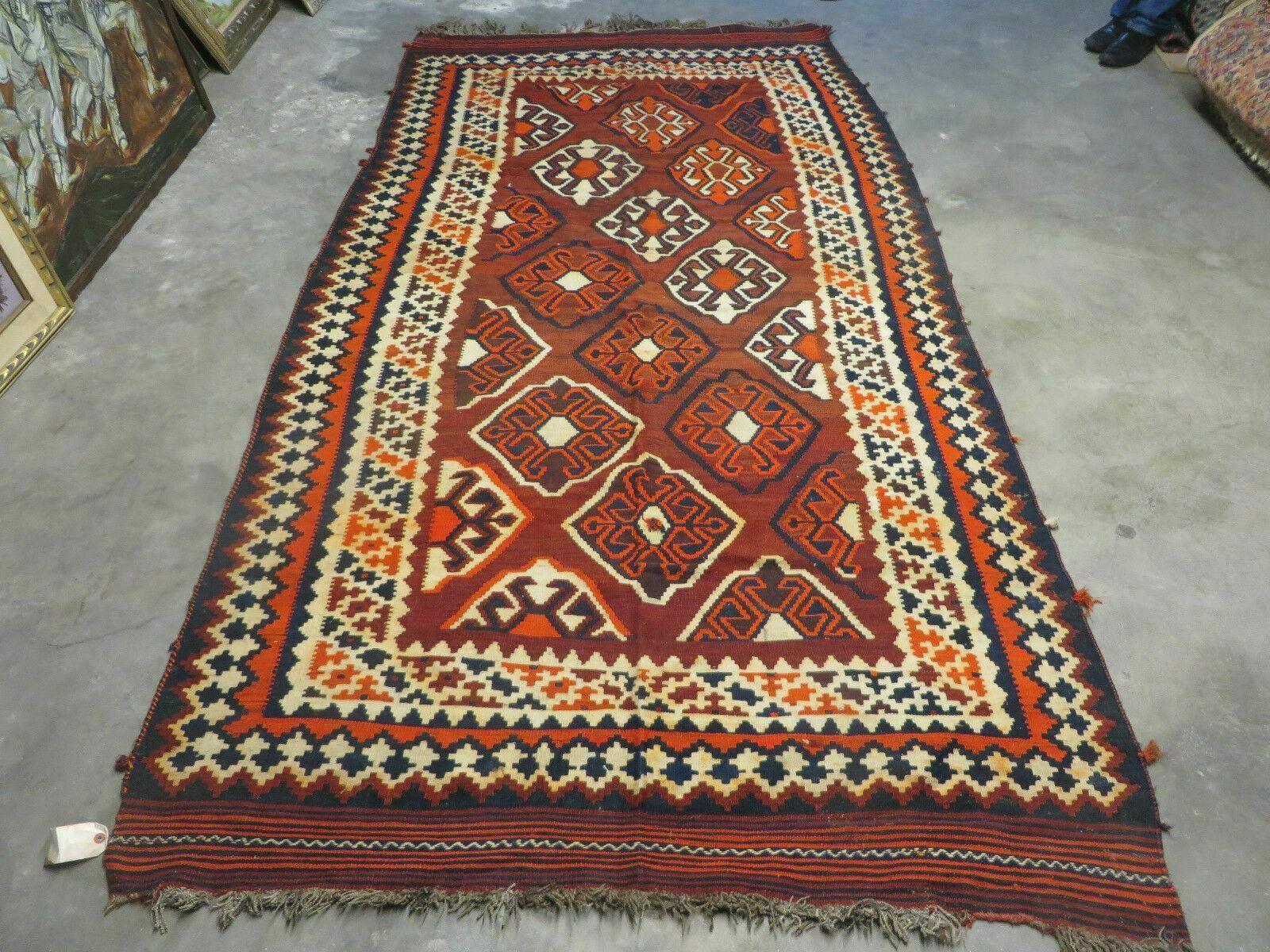 5' X 10' Antique Turkish Kilim Handmade Flat Weave Wool Rug Red Colorful Veg Dye Bohemian Boho Chic Tribal Style And Design