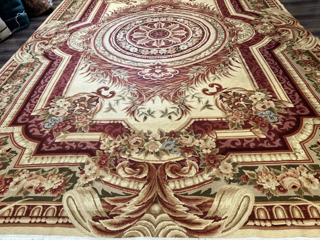 Large Aubusson Rug 10x13, Thick Flatweave Carpet, Elegant European Design, Cream and Raspberry