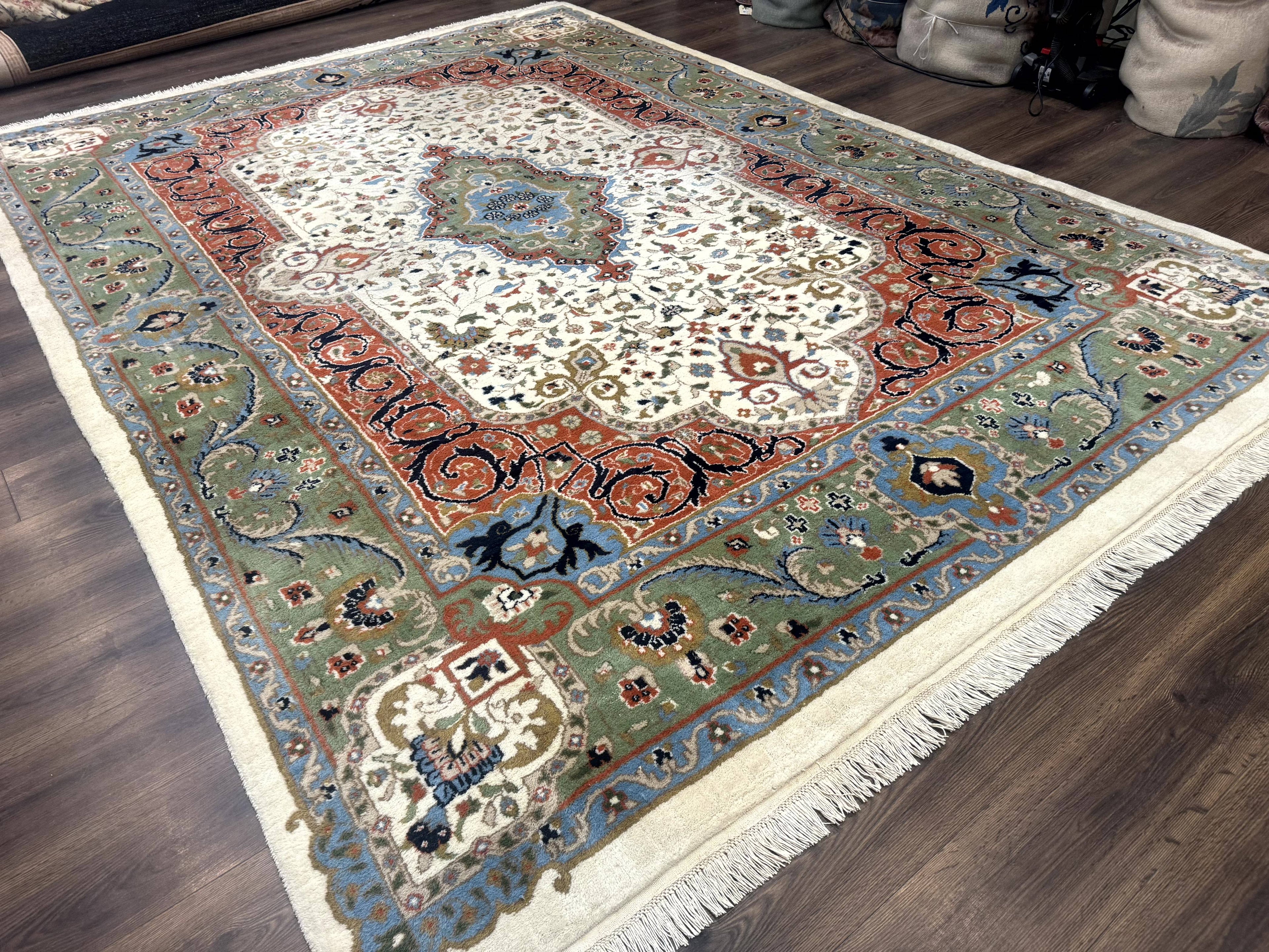 Indo Persian Rug 9x12, Ivory Red Green, Traditional Oriental Carpet