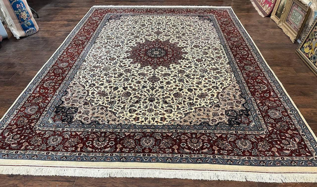 Sino Persian Rug 9x12, Vintage Wool Oriental Carpet, Floral Medallion, Wool Rug, Cream and Maroon