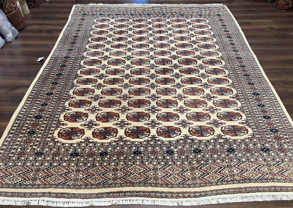 Pakistani Bokhara Rug 8x10, Wool Turkoman Carpet, Ivory/Cream