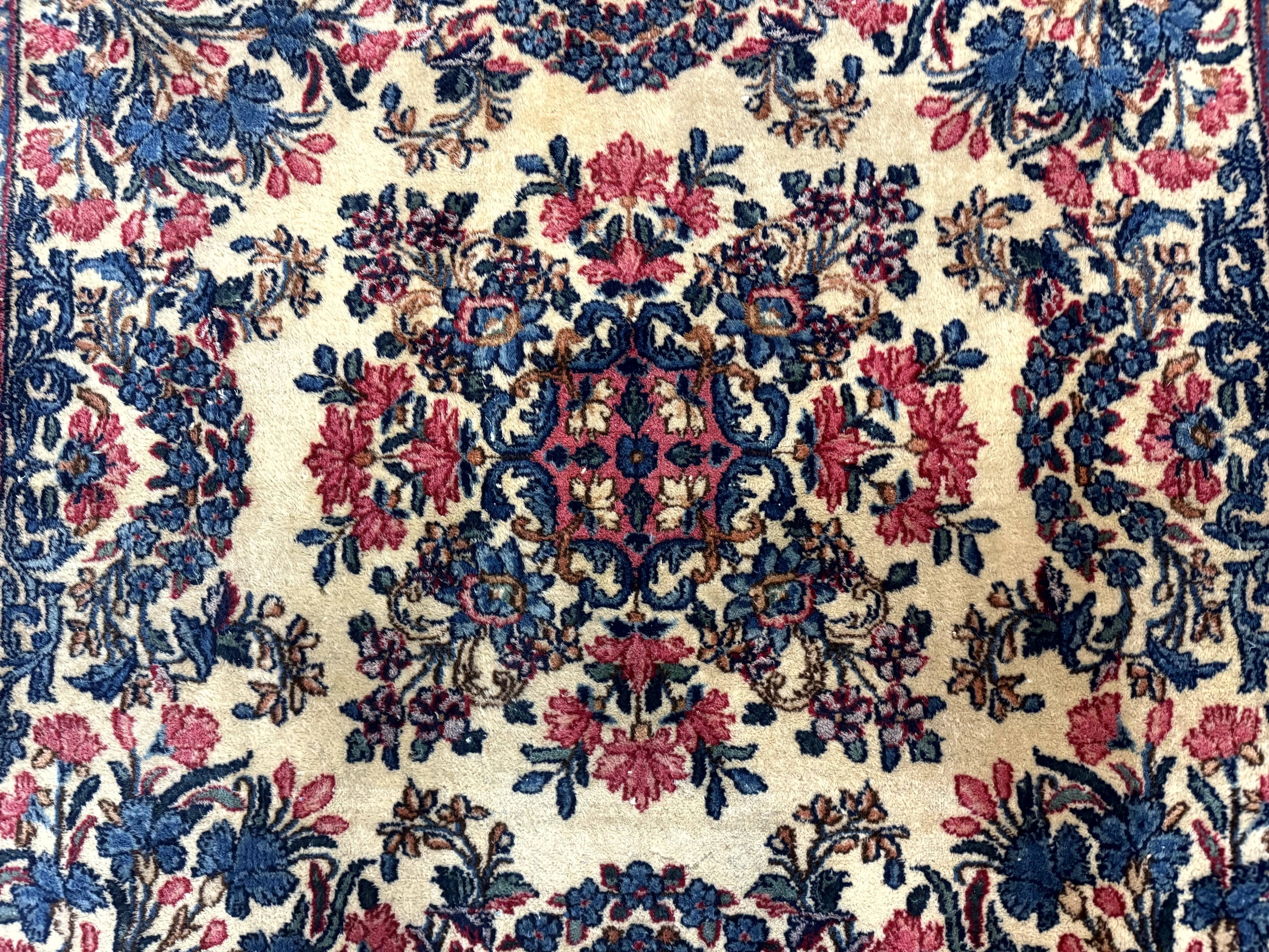 Square Persian Kerman Rug 4x4, Ivory Blue Pink, Handmade, Fine 225 KPSI