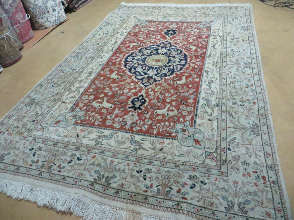 6' X 9' Vintage Handmade India Oriental Floral Wool Rug Hunting Bird Deer Nice