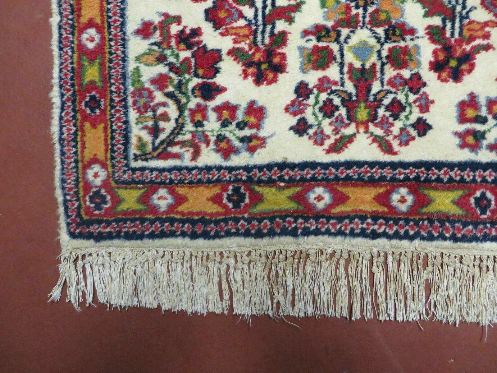 Small Persian Rug 2 x 3, Tiny Persian Sarouk Carpet, Cream Navy Blue Red, Floral Medallion, Vintage Wool Rug, Handmade Hand-Knotted Oriental Rug