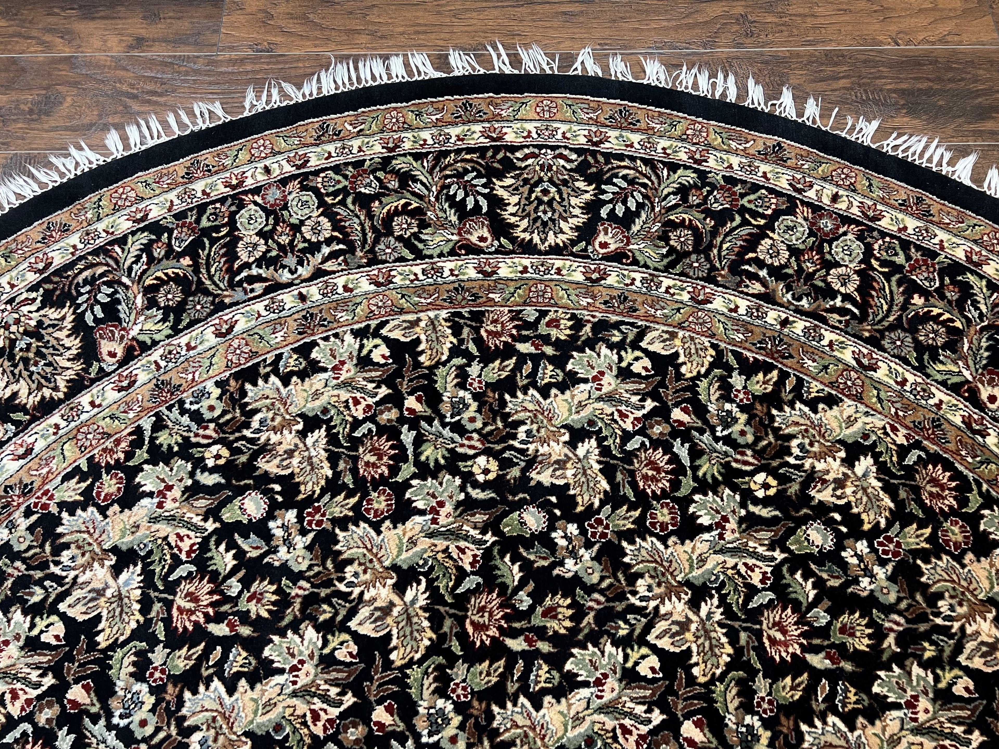 Round Oriental Rug 8x8 ft, William Morris Floral Pattern Carpet, 8 x 8 ft Round Rug, Black Cream and Tan 8ft Round Handmade Indo Persian Rug