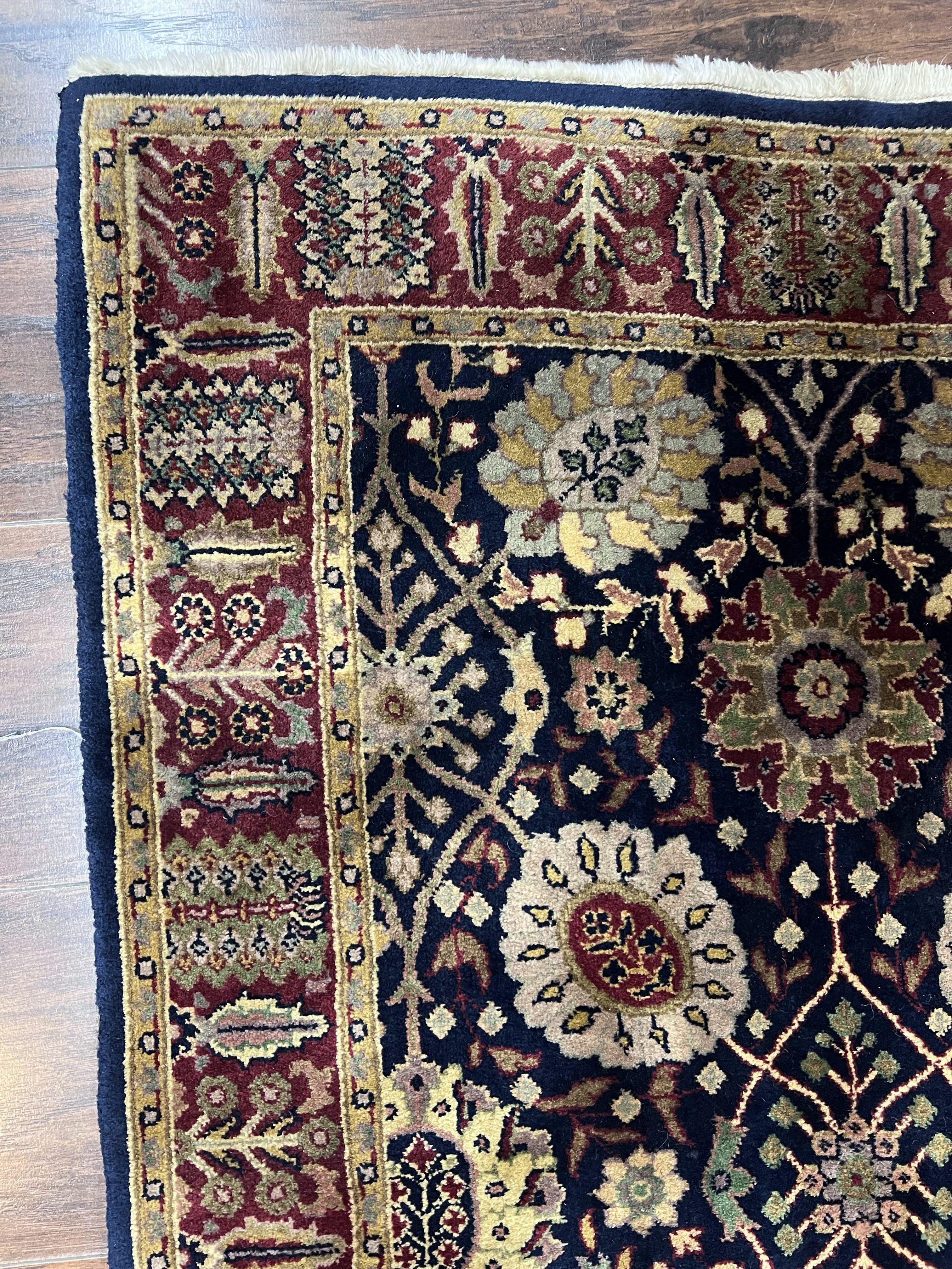 Indo Persian Runner 2.8 x 18, Long Skinny Hallway Wool Runner Rug, Hand Knotted Vintage Floral Allover Traditional Runner Dark Blue Burgundy