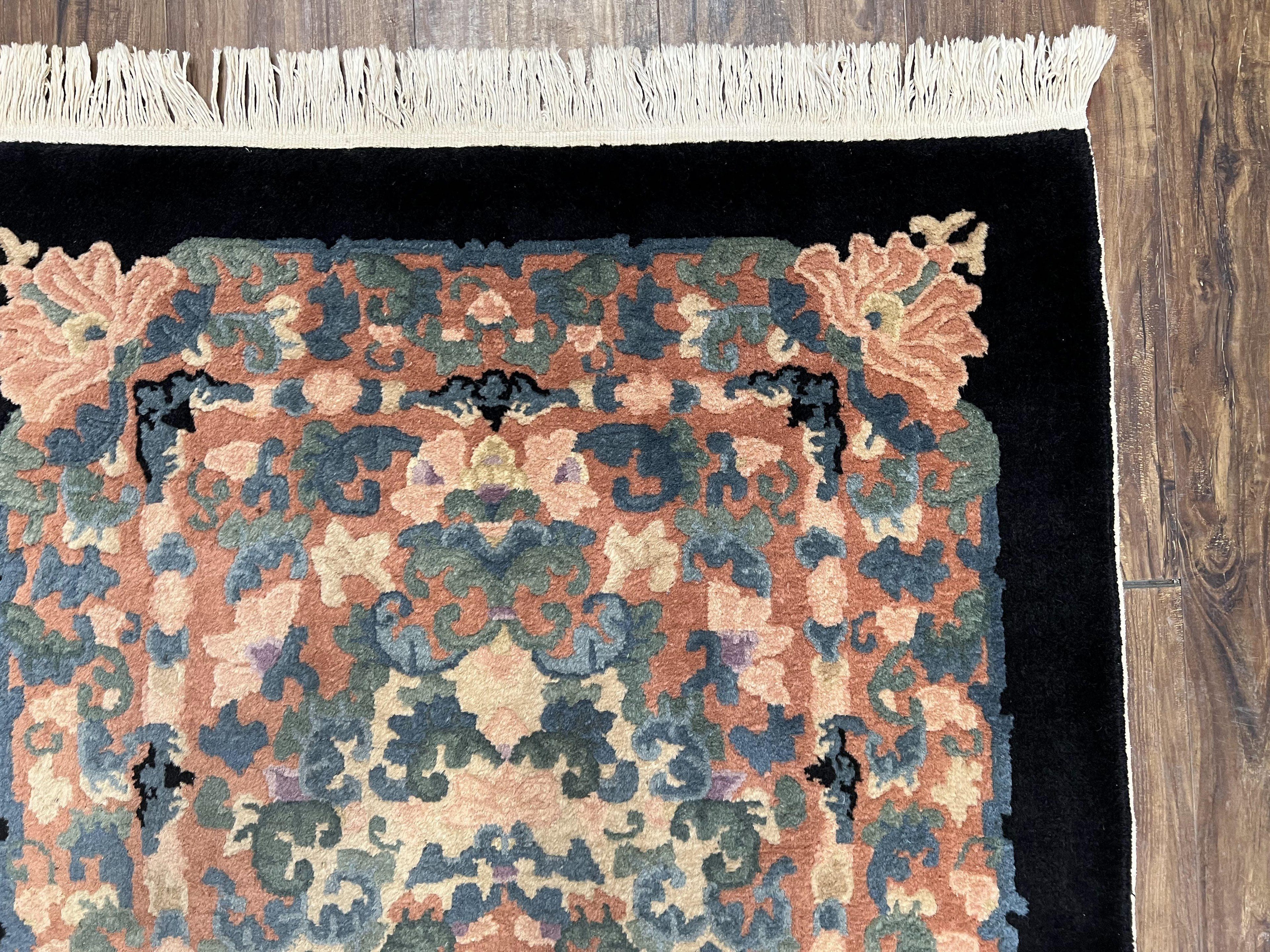 Chinese Art Deco Rug 3x5, Black and Beige Chinese Carpet 3 x 5, Vintage Rug, 1950s Rug, Floral Rug, Handmade Rug, Art Deco Rug, Wool Rug