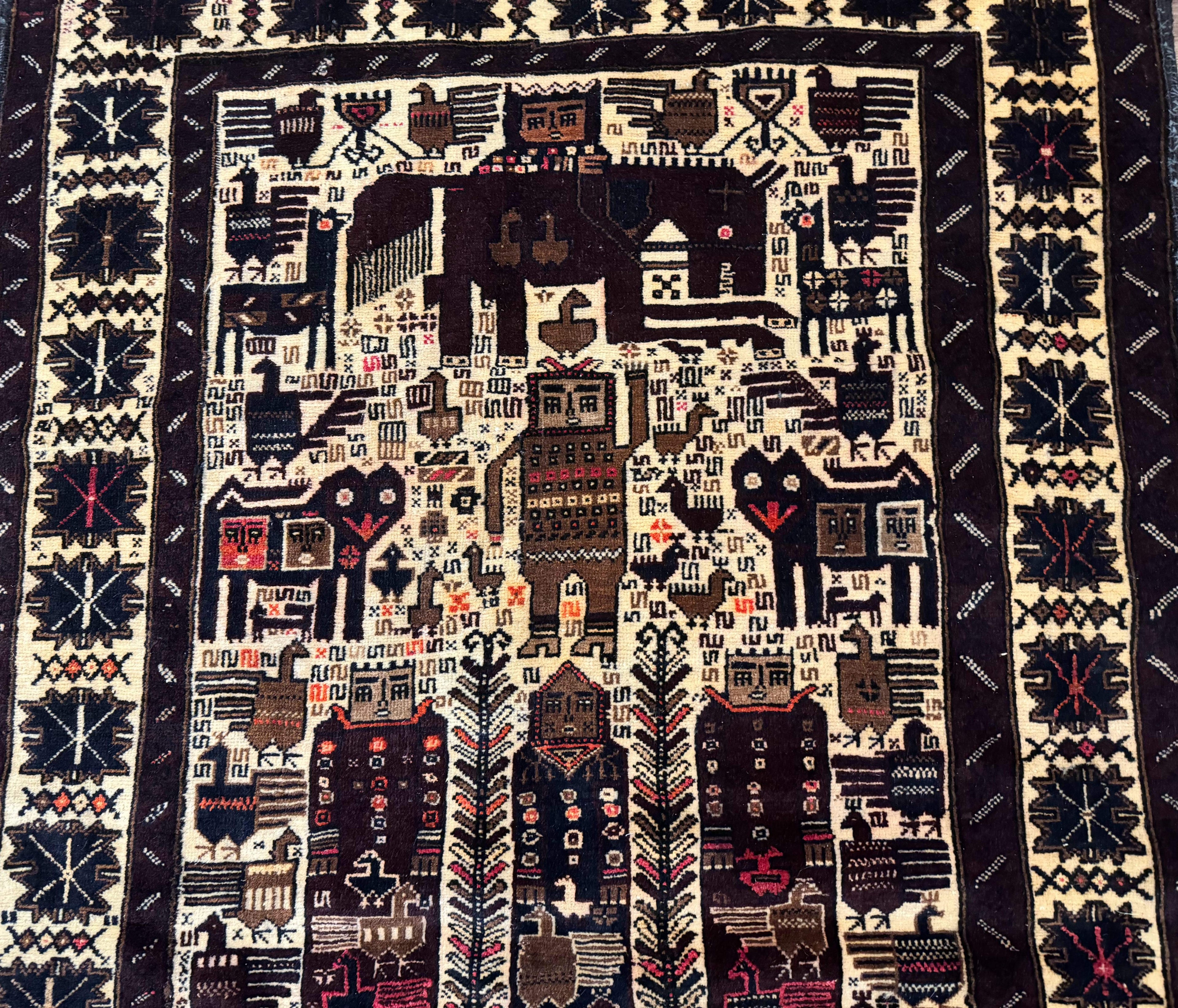Persian Baluch Tribal Rug 4x6, Human and Bird Pictorials, Vintage, Wool, Collectible