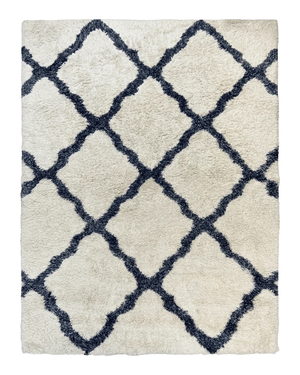 Modern Shag Rug 9x12, Ivory and Dark Blue, Diamond Pattern, Soft, Room Sized, Contemporary Rug, Plush