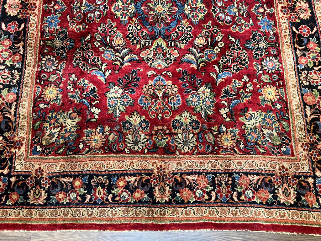 Persian Sarouk Rug 5x6, Hand Knotted Antique 1920s Sarouk, Red Navy Blue