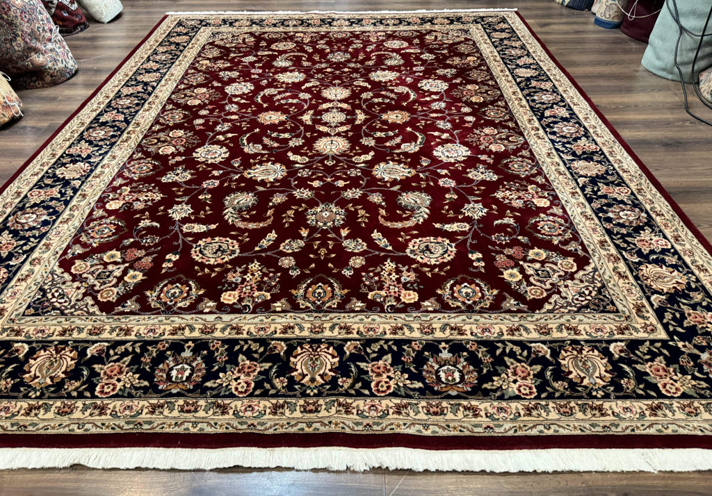 Sino Persian Rug 9x11, Burgundy and Navy Blue, Fine 200 KPSI, Floral Allover