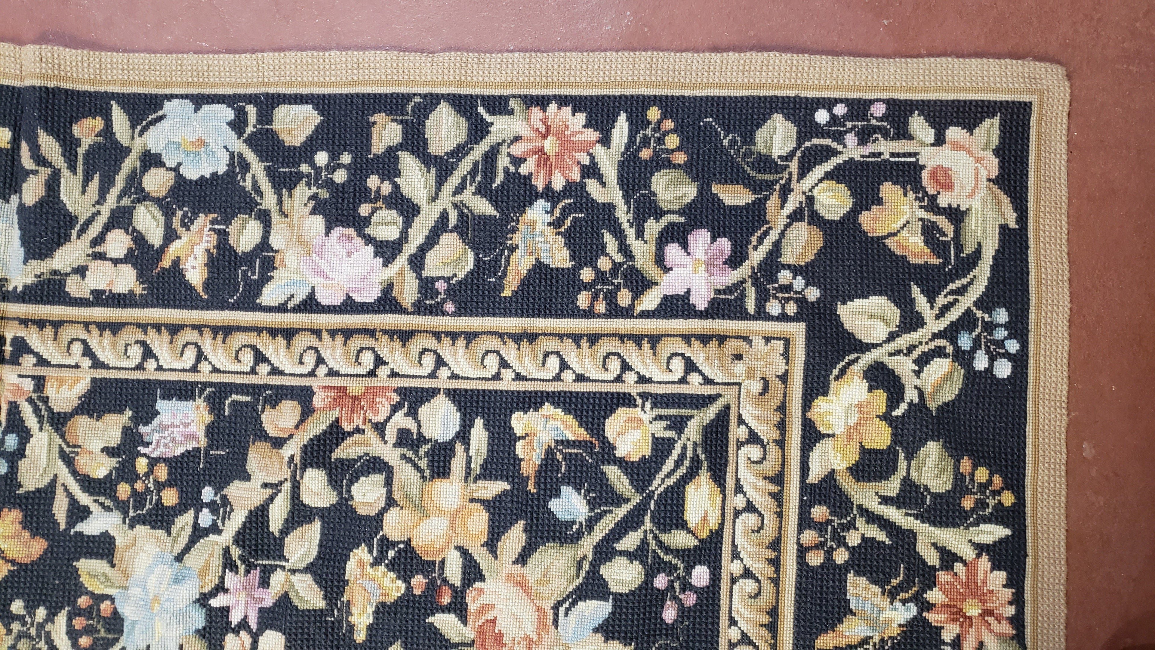 6x9 Vintage Needlepoint Rug, Petitepoint Carpet, Butterflies Floral Design