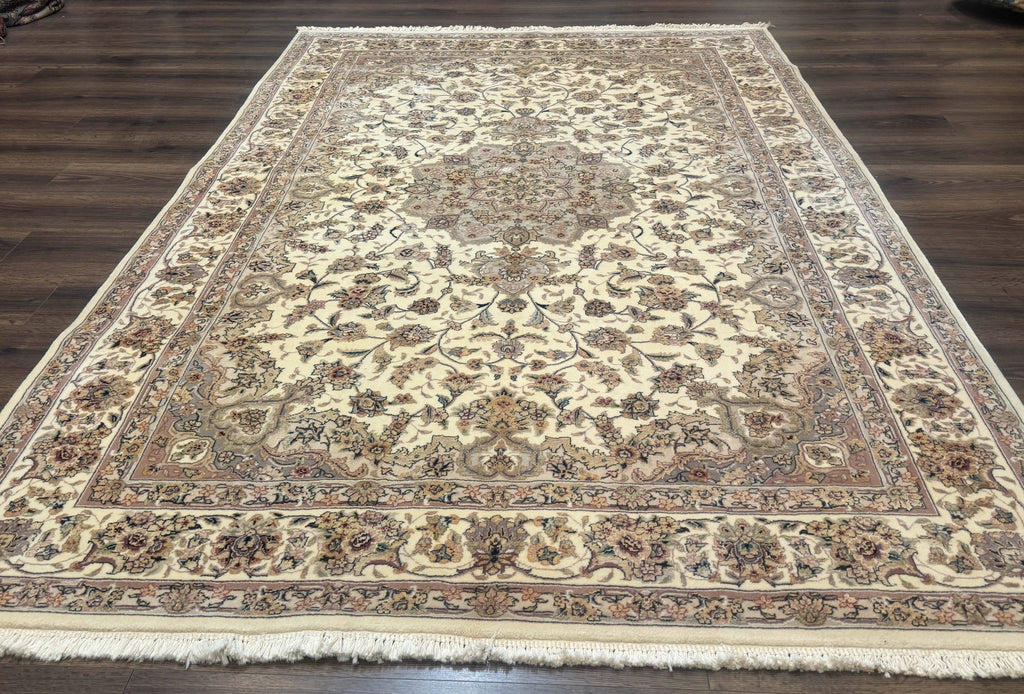 Sino Persian Rug 6x9, Floral Medallion, Ivory & Taupe, Wool with Silk Highlights, Fine 210 KPSI