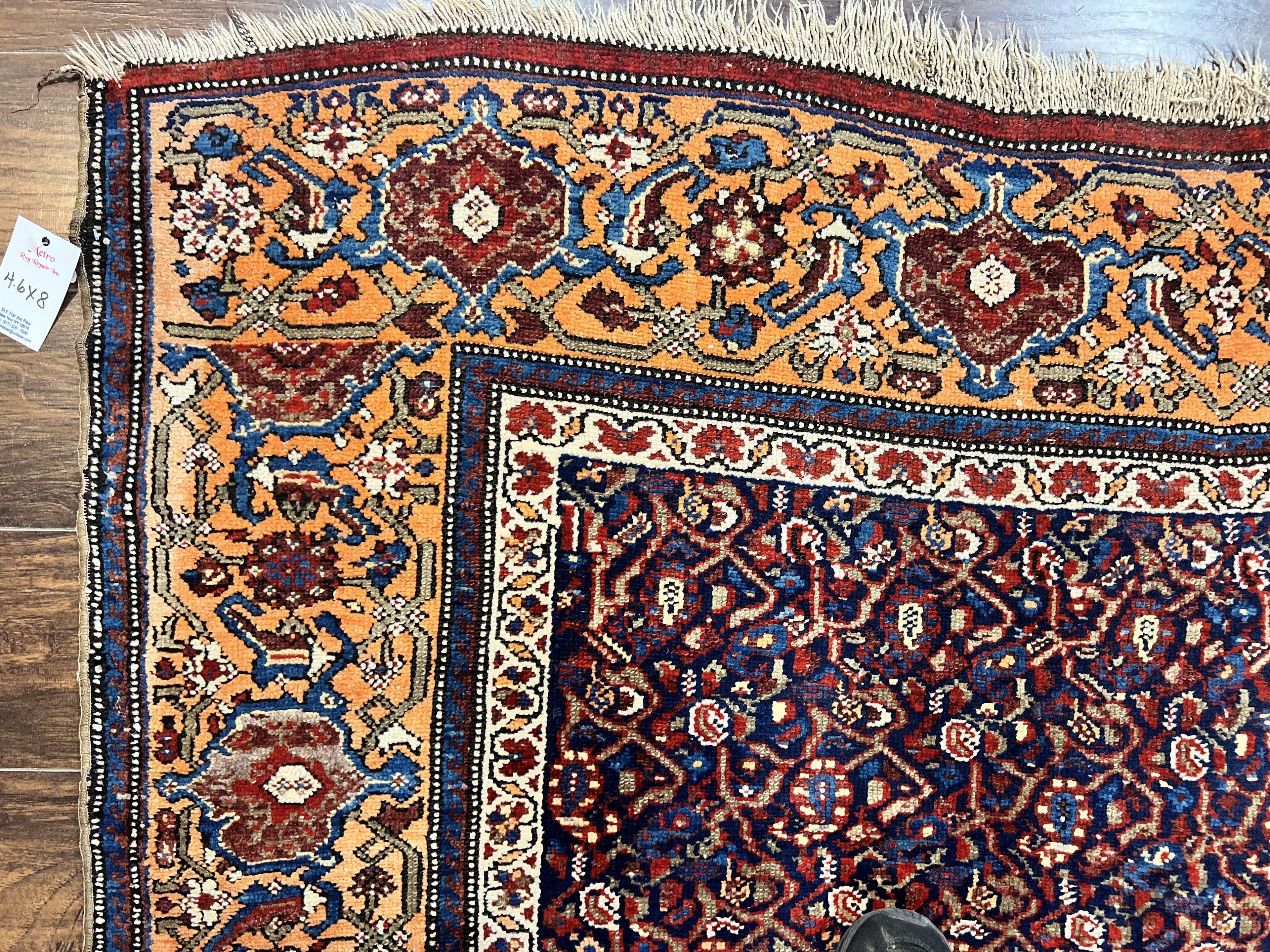 Persian Senneh Rug 4x8, Wool Hand Knotted Antique Kurdish Carpet, Navy Blue Oriental Area Rug, 4 x 8 Rug
