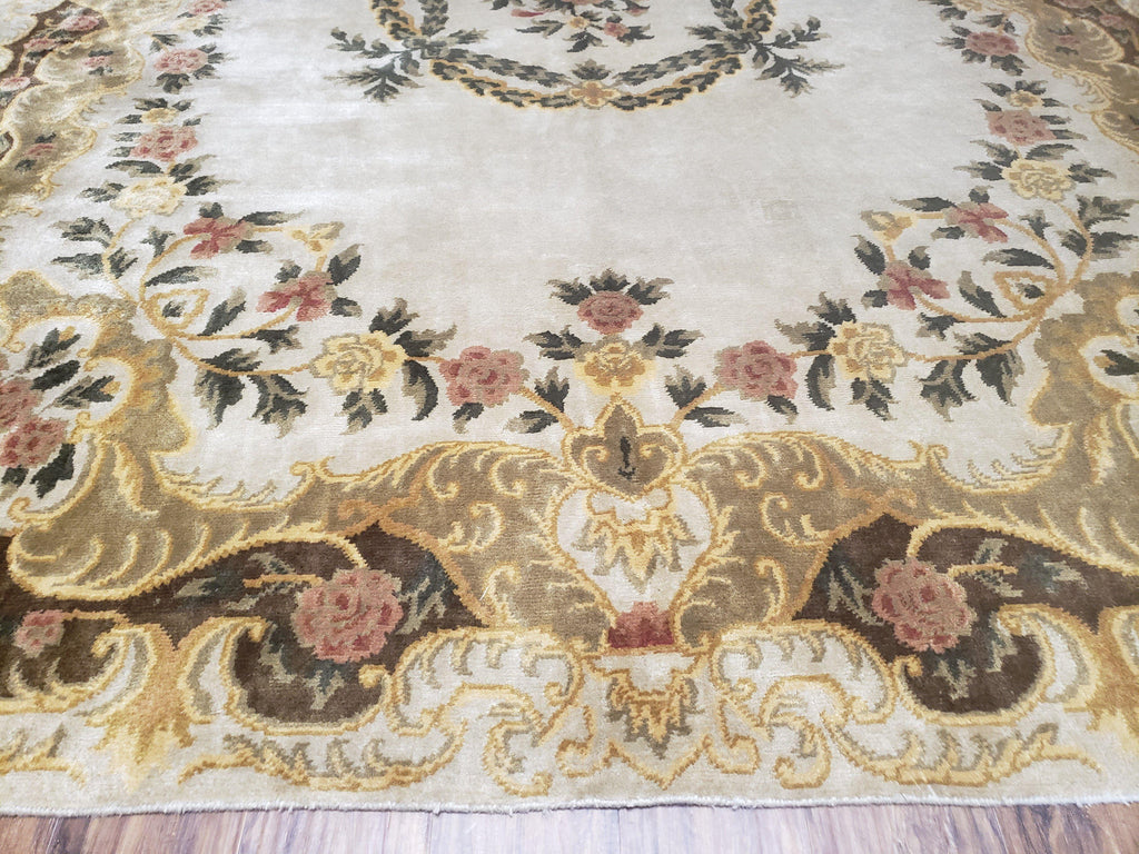 Aubusson Rug 10x14, Elegant French European Design, Vintage Handmade Carpet with Pile, Beige Floral Dining Room Rug, Living Room, Soft Wool
