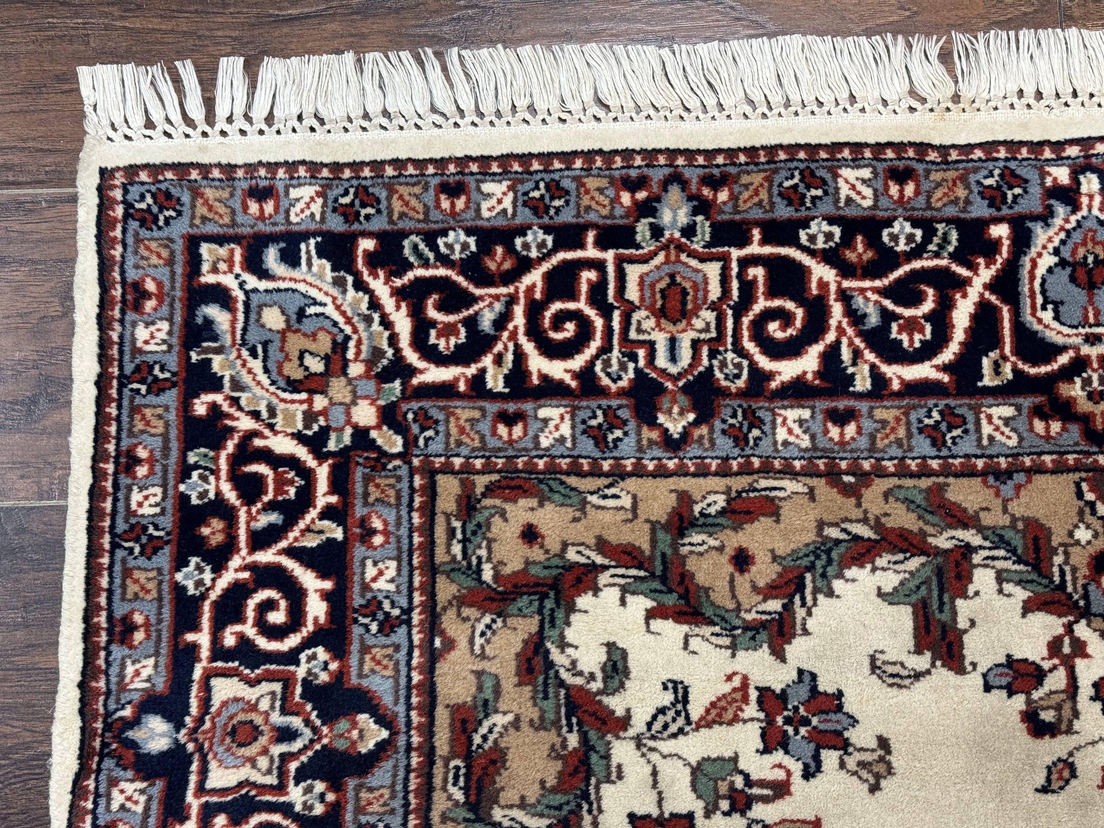 Indian Kashmiri Rug 4x6, Ivory Beige Navy Blue, Traditional Indo Persian Rug