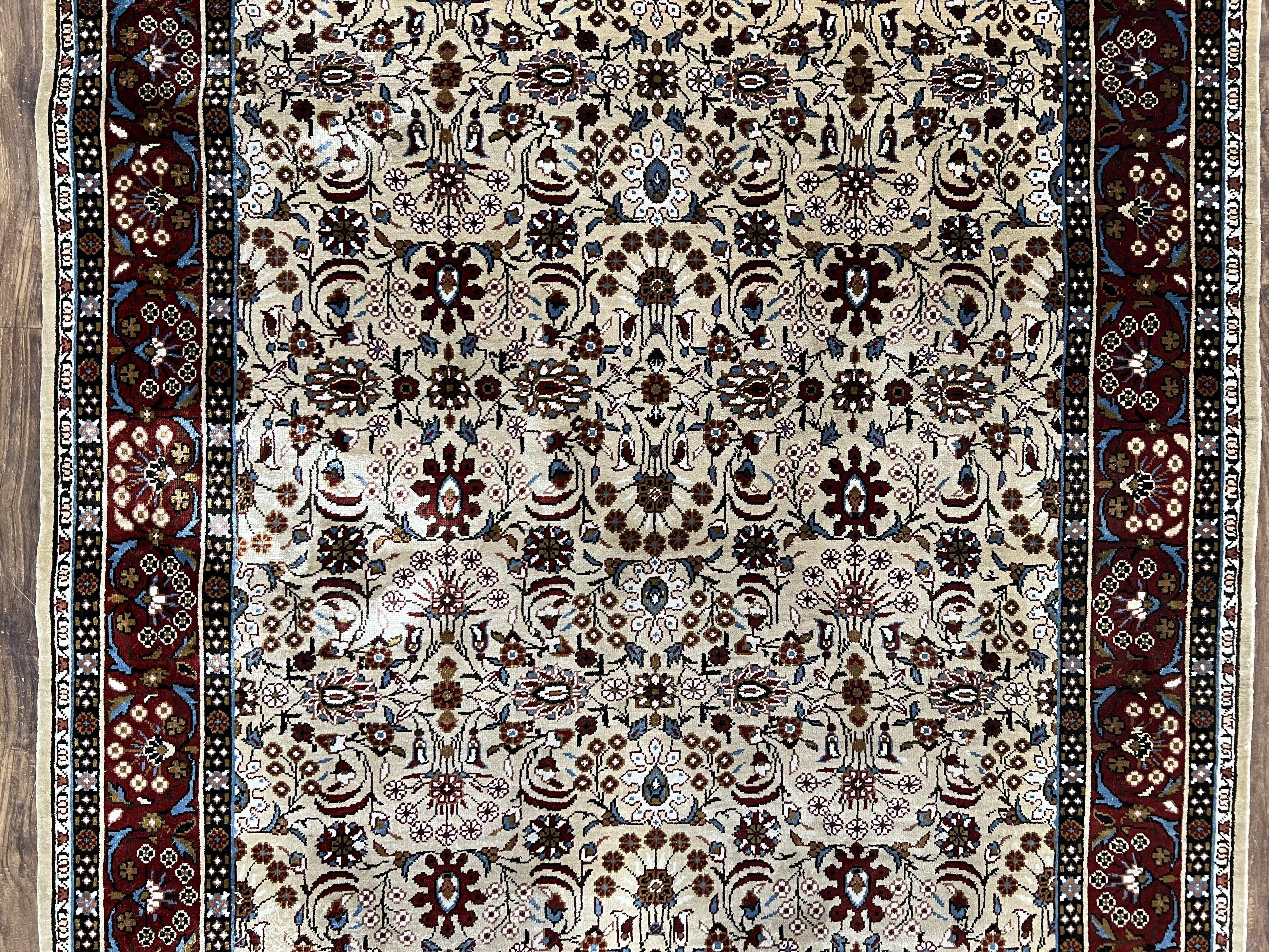 Fine Sino-Persian Silk Rug 3x5, High Quality Silk Carpet, Handmade Small Silk Rug, Allover Repeated Motif, Tan Maroon Blue Vintage Silk Rug