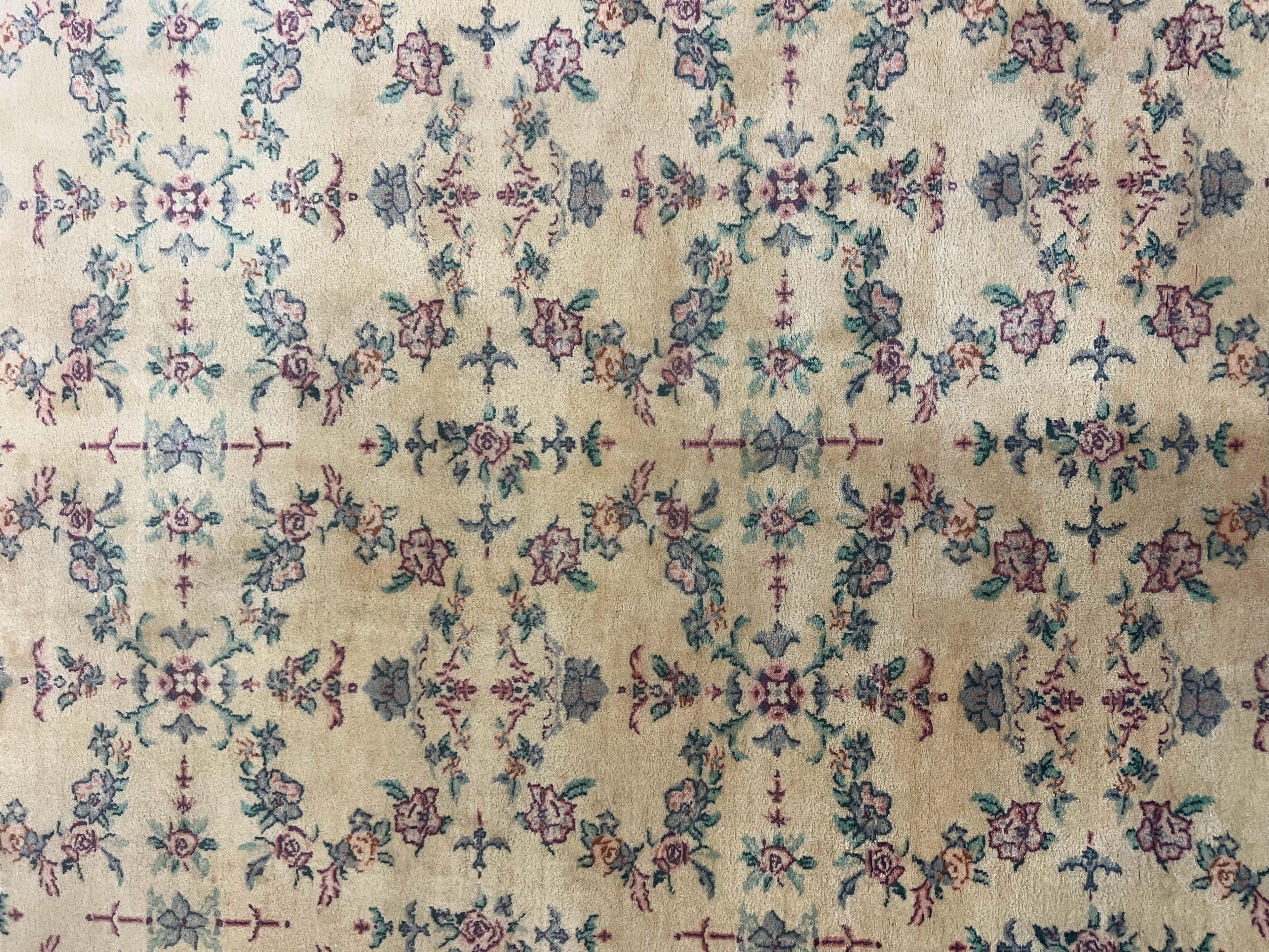 Sino Persian Rug 8x10, Floral, Oatmeal and Light Teal, Handmade Wool Vintage Carpet