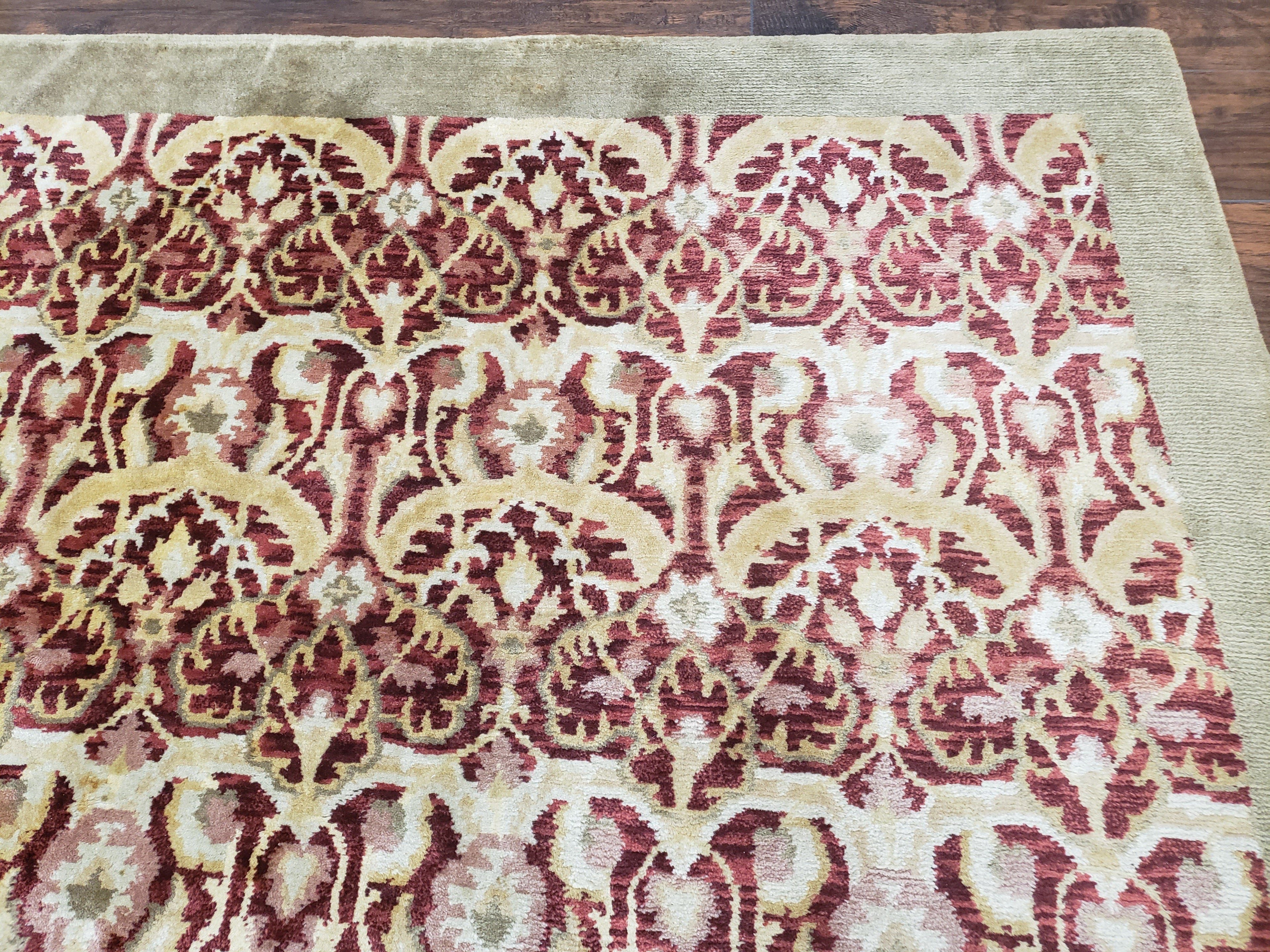 Contemporary Indian Nepalese Room Sized Rug 9 x 11.6, Wool Hand-Knotted Dark Red & Beige Soft Carpet, 9 x 12 Masterloom Living Room Rug