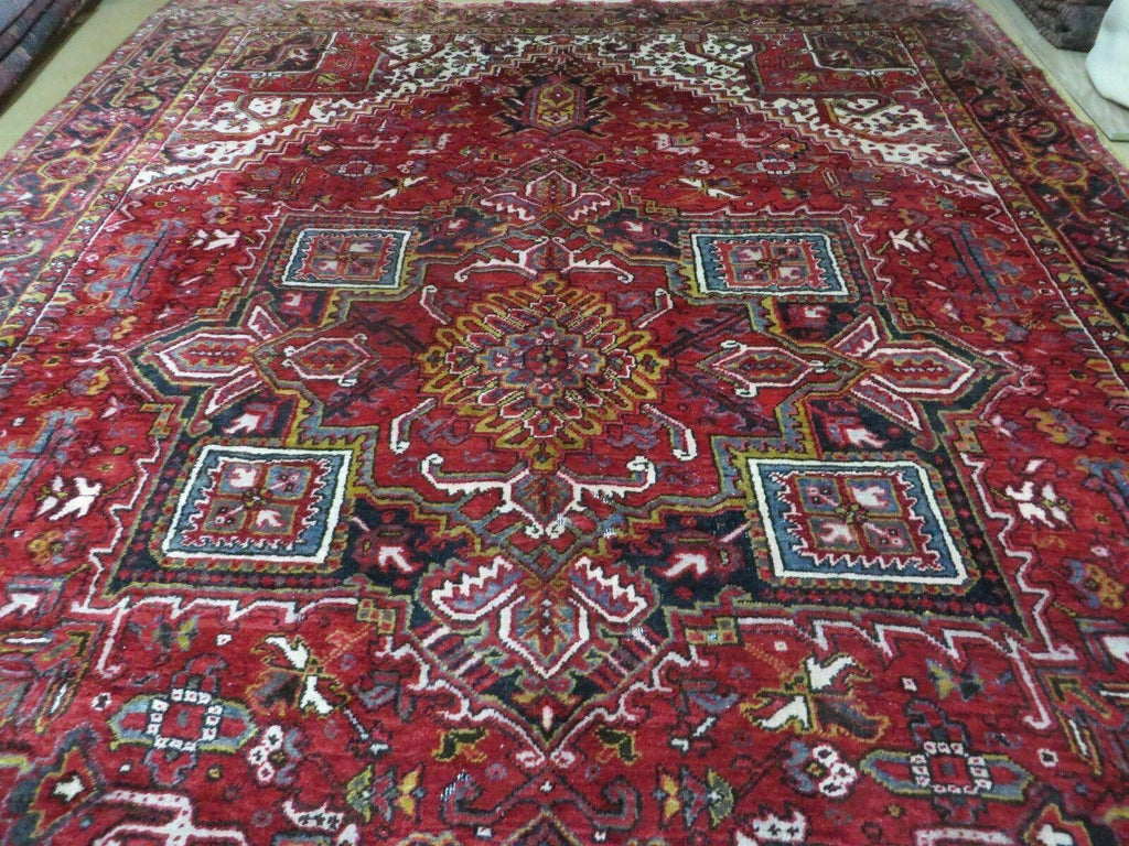 Heriz Rug 9x11, Geometric Persian Carpet Room Sized, Tribal Medallion Rug, Red Ivory Dark Blue Handmade Wool Rug for Living Room Dining Room