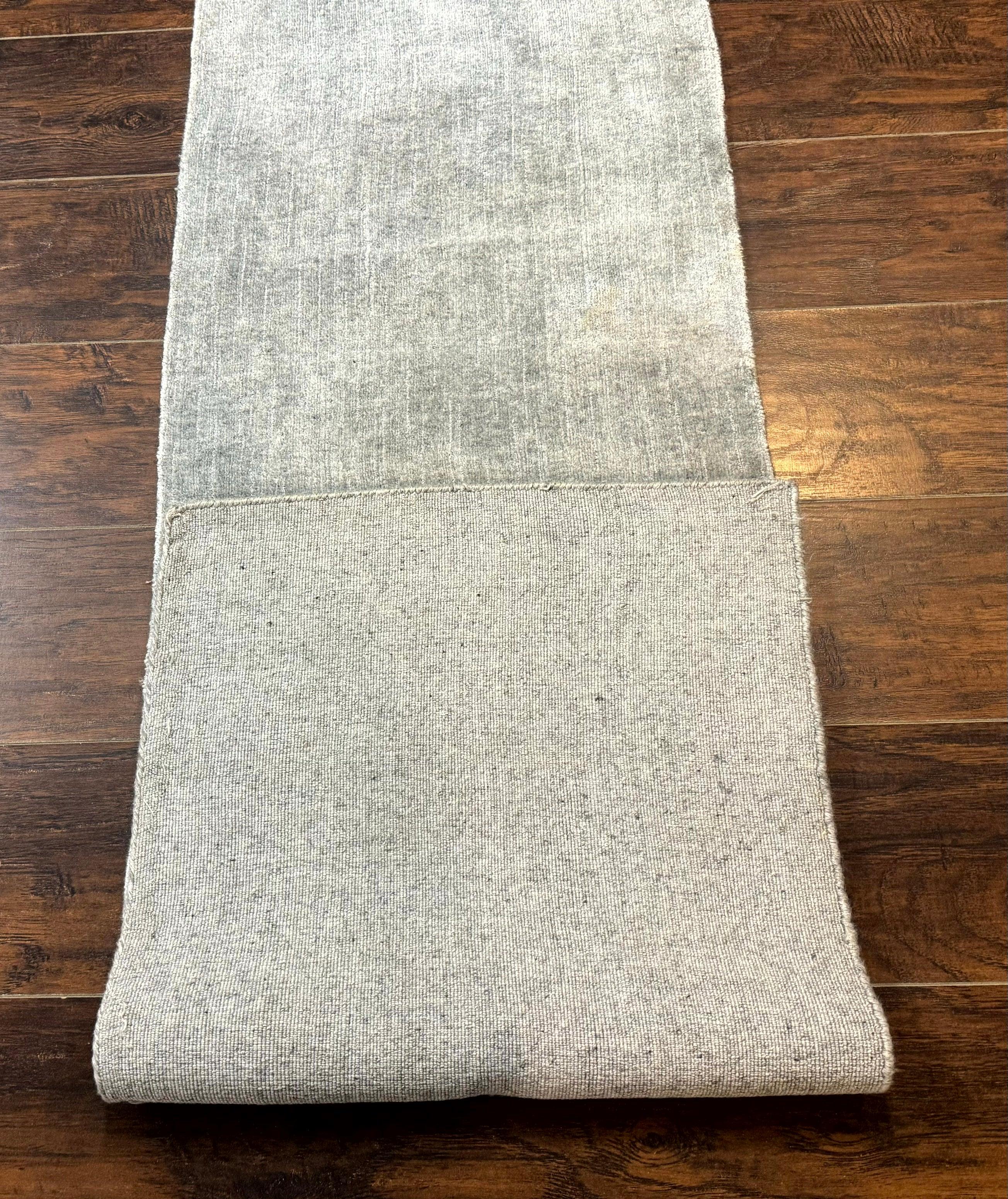 Modern Tibetan Runner Rug 1.9 x 8.6, Wool and Silk Highlights, Gray/Silver, Narrow Runner for Hallway or Kitchen